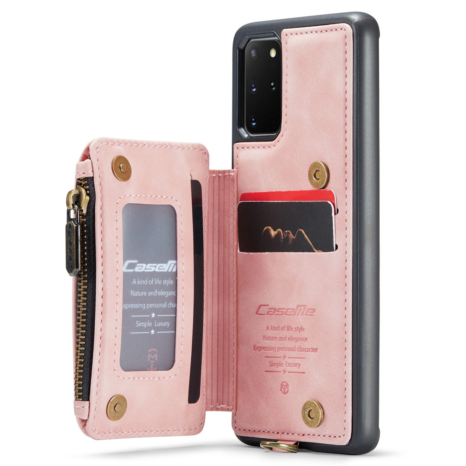 CASEME C20 Series for Samsung Galaxy S20 Plus 5G / 4G RFID Blocking PU Leather Coated TPU Cover Wallet Kickstand Zipper Pocket Phone Case - Pink