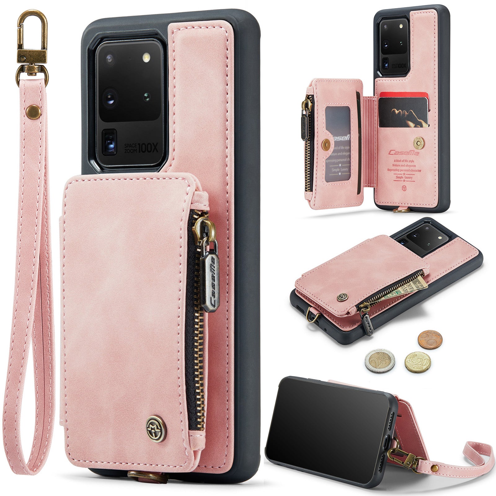 CASEME C20 Series for Samsung Galaxy S20 Ultra RFID Blocking Wallet Kickstand Zipper Pocket Phone Case Anti-drop Anti-scratch Leather Coated TPU Phone Cover  - Pink