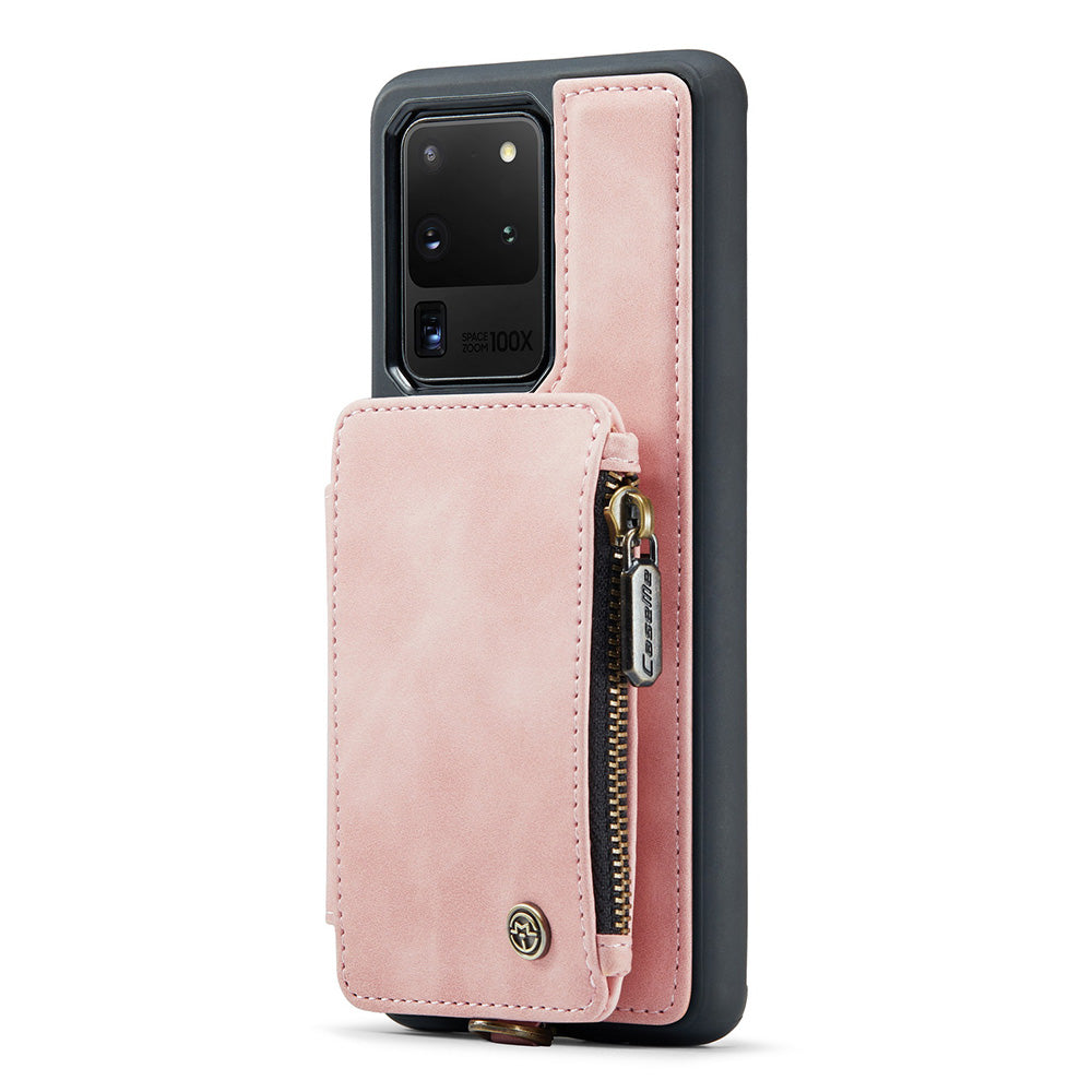 CASEME C20 Series for Samsung Galaxy S20 Ultra RFID Blocking Wallet Kickstand Zipper Pocket Phone Case Anti-drop Anti-scratch Leather Coated TPU Phone Cover  - Pink