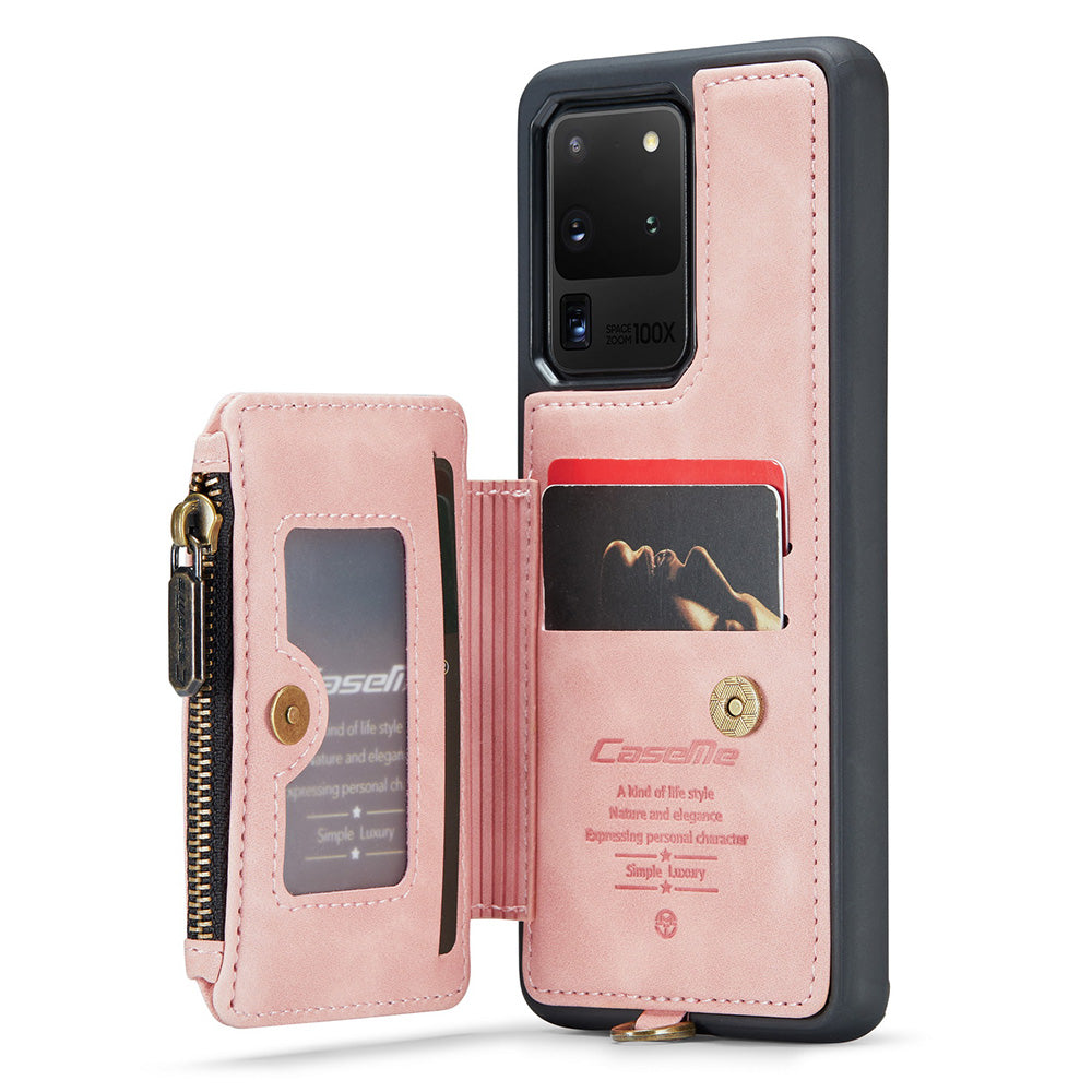 CASEME C20 Series for Samsung Galaxy S20 Ultra RFID Blocking Wallet Kickstand Zipper Pocket Phone Case Anti-drop Anti-scratch Leather Coated TPU Phone Cover  - Pink