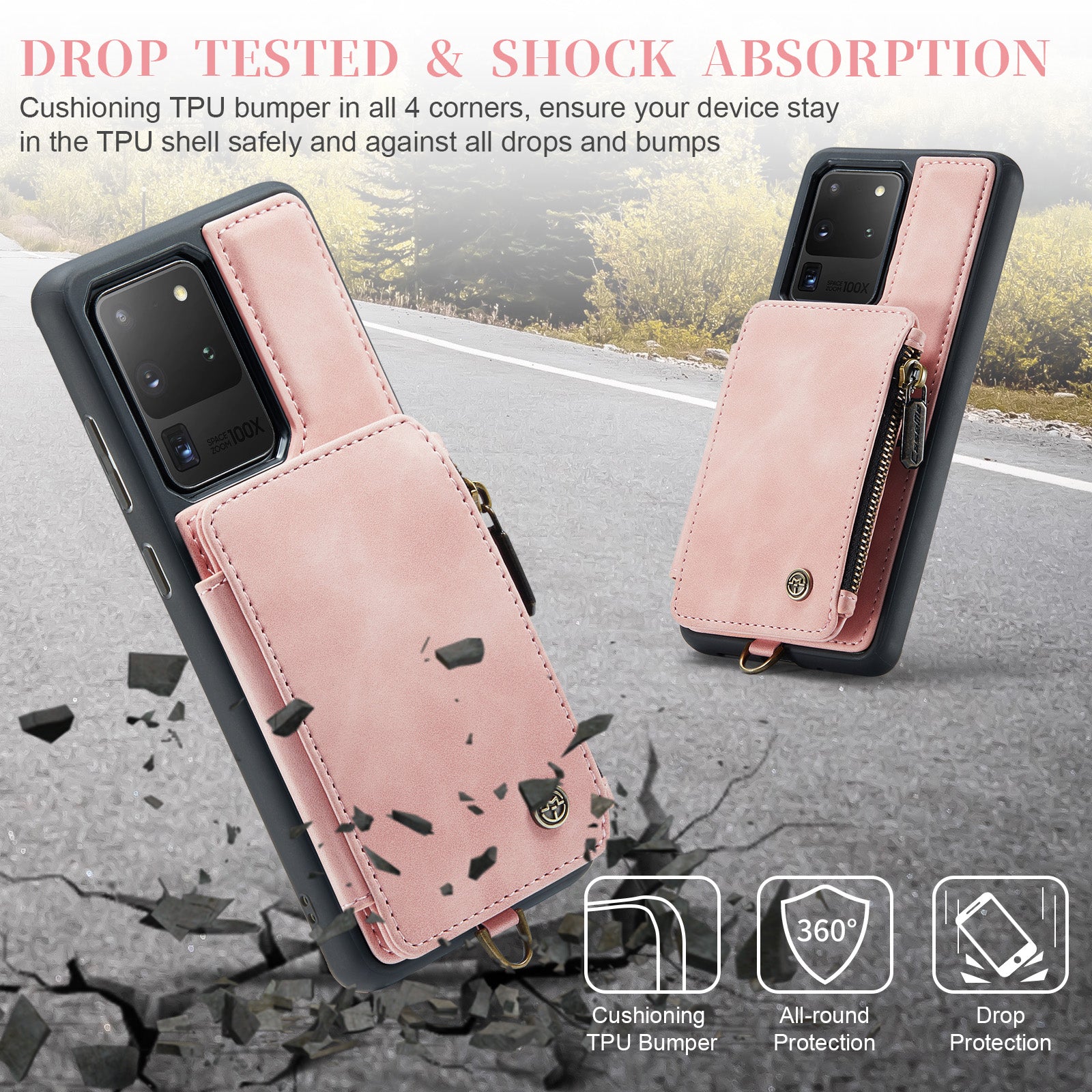 CASEME C20 Series for Samsung Galaxy S20 Ultra RFID Blocking Wallet Kickstand Zipper Pocket Phone Case Anti-drop Anti-scratch Leather Coated TPU Phone Cover  - Pink