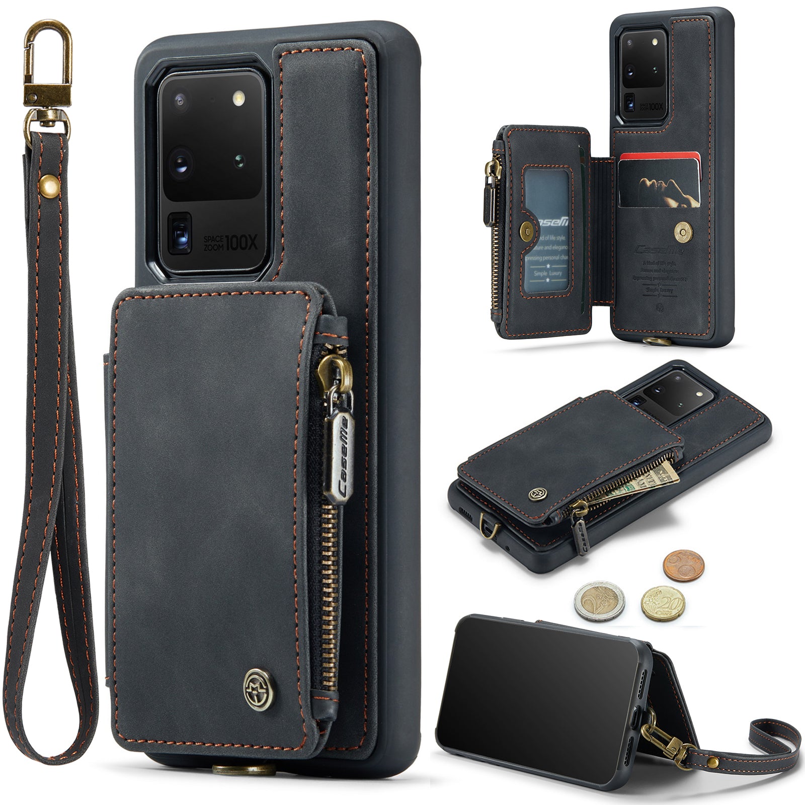 CASEME C20 Series for Samsung Galaxy S20 Ultra RFID Blocking Wallet Kickstand Zipper Pocket Phone Case Anti-drop Anti-scratch Leather Coated TPU Phone Cover  - Black