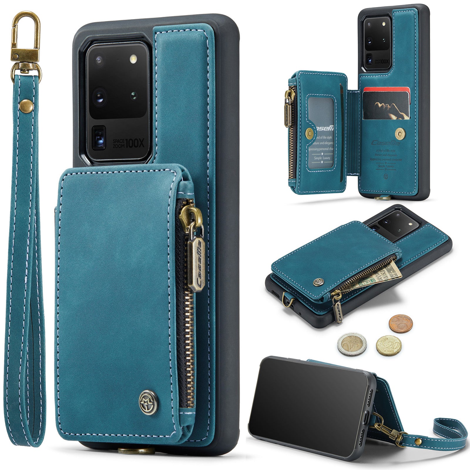 CASEME C20 Series for Samsung Galaxy S20 Ultra RFID Blocking Wallet Kickstand Zipper Pocket Phone Case Anti-drop Anti-scratch Leather Coated TPU Phone Cover  - Blue