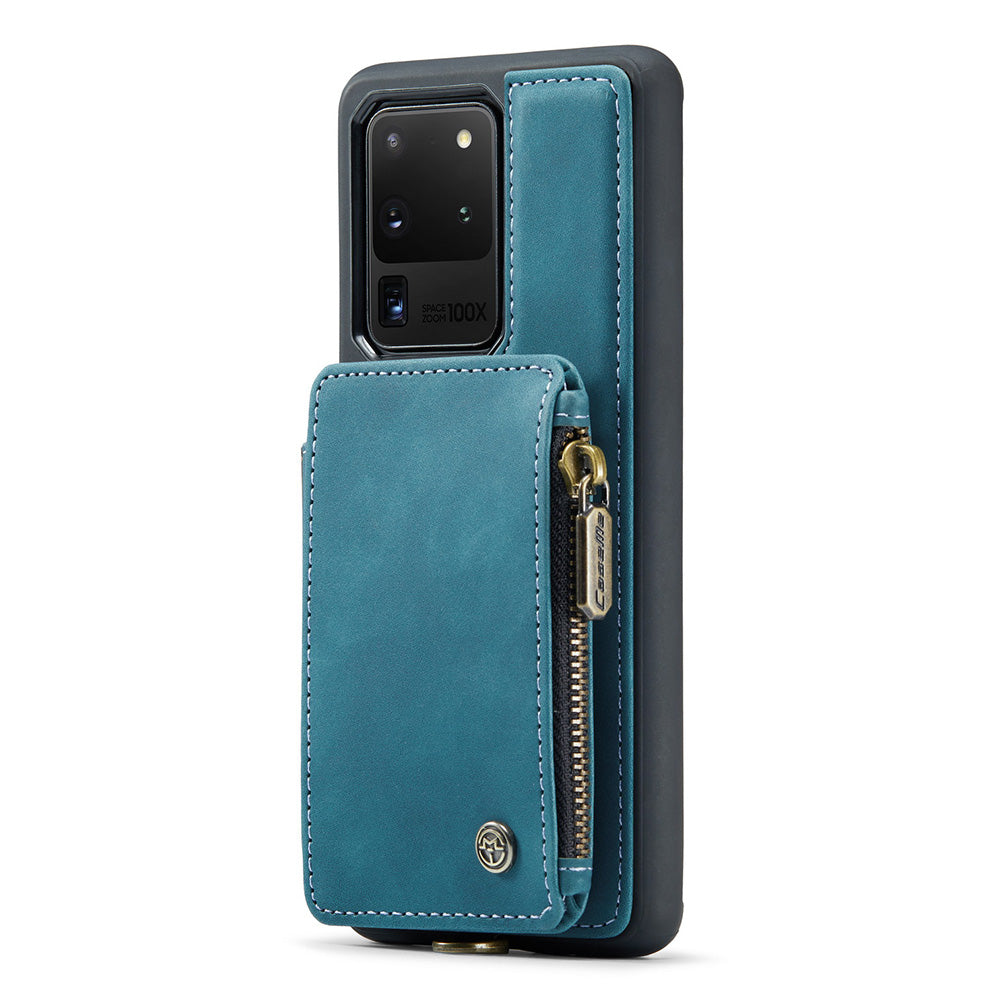 CASEME C20 Series for Samsung Galaxy S20 Ultra RFID Blocking Wallet Kickstand Zipper Pocket Phone Case Anti-drop Anti-scratch Leather Coated TPU Phone Cover  - Blue