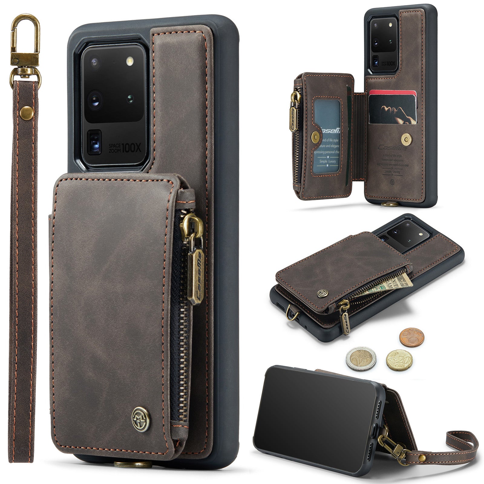 CASEME C20 Series for Samsung Galaxy S20 Ultra RFID Blocking Wallet Kickstand Zipper Pocket Phone Case Anti-drop Anti-scratch Leather Coated TPU Phone Cover  - Coffee