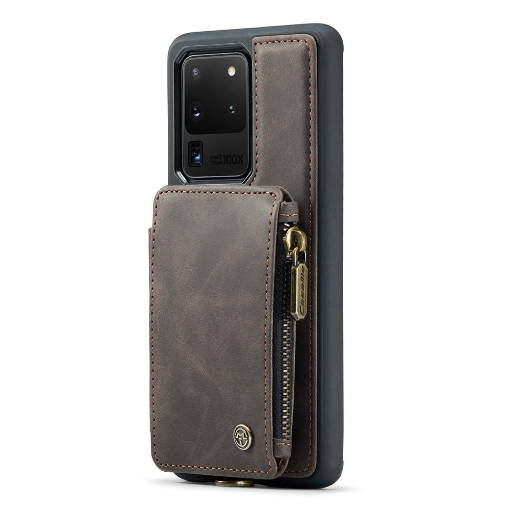 CASEME C20 Series for Samsung Galaxy S20 Ultra RFID Blocking Wallet Kickstand Zipper Pocket Phone Case Anti-drop Anti-scratch Leather Coated TPU Phone Cover  - Coffee