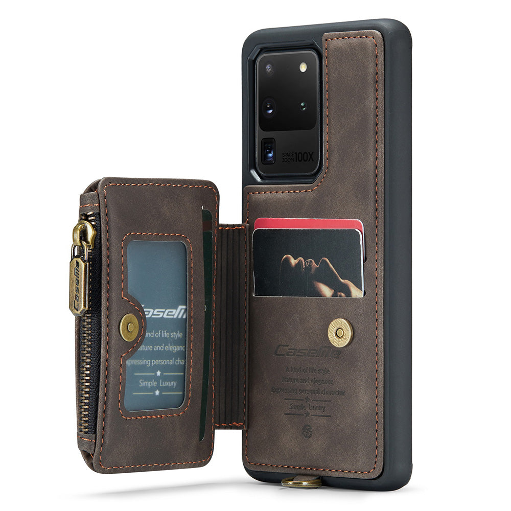 CASEME C20 Series for Samsung Galaxy S20 Ultra RFID Blocking Wallet Kickstand Zipper Pocket Phone Case Anti-drop Anti-scratch Leather Coated TPU Phone Cover  - Coffee