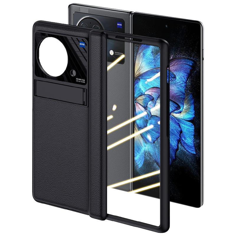 For vivo X Fold PU Leather Coated PC Full Protection Phone Case Kickstand Cover with Ultra Clear Tempered Glass Film - Black