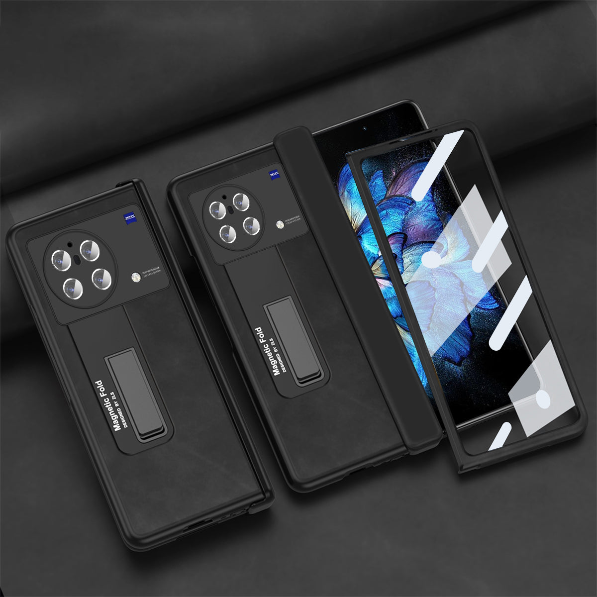 Nappa Texture Phone Case For vivo X Fold, Hinge Protection Kickstand Anti-scratch PU Leather + PC Phone Cover with Tempered Glass Film - Black