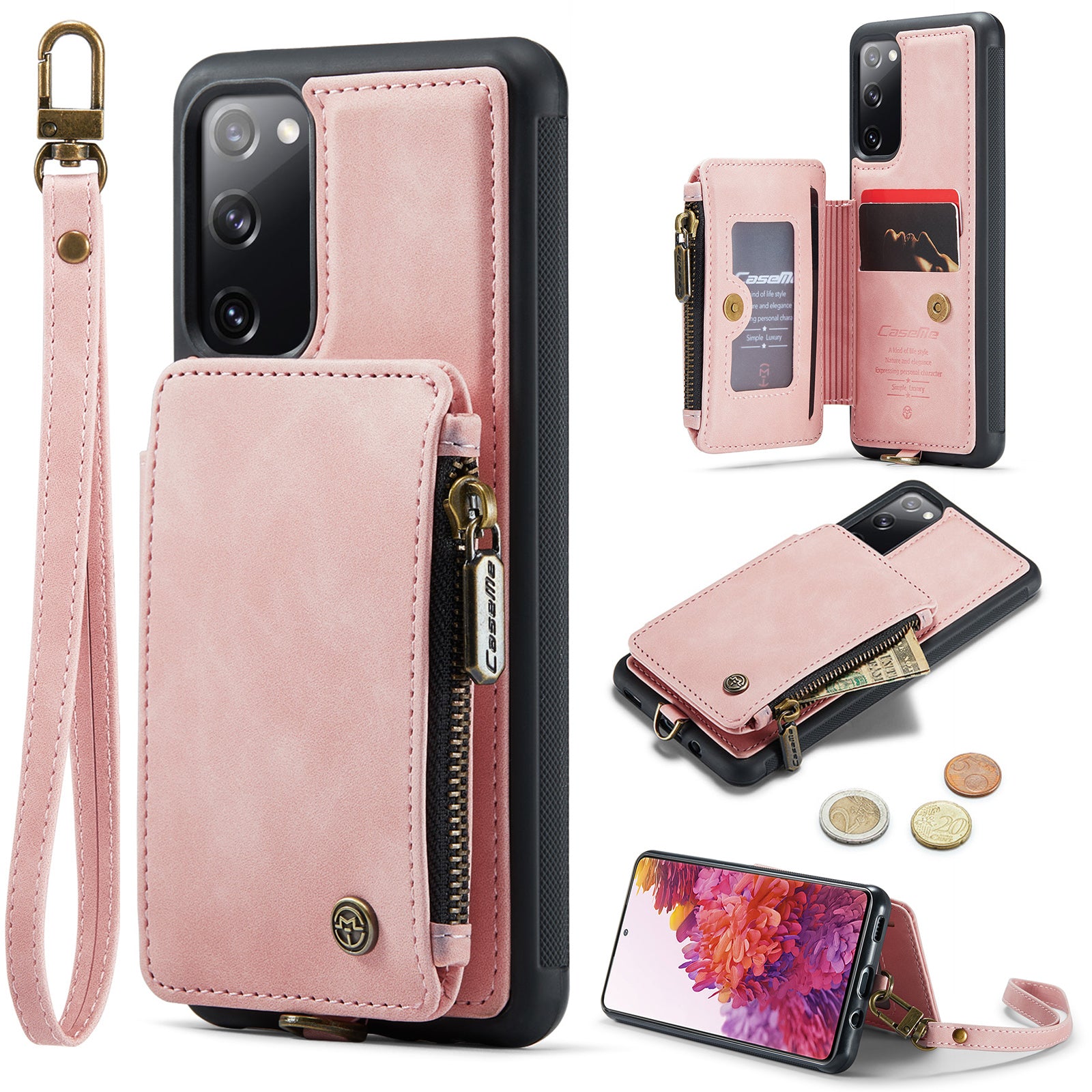 CASEME C20 Series for Samsung Galaxy S20 FE / S20 FE 5G / S20 FE 2022 / S20 Lite RFID Blocking Zipper Pocket Phone Case PU Leather Coated TPU Cover Wallet Kickstand - Pink