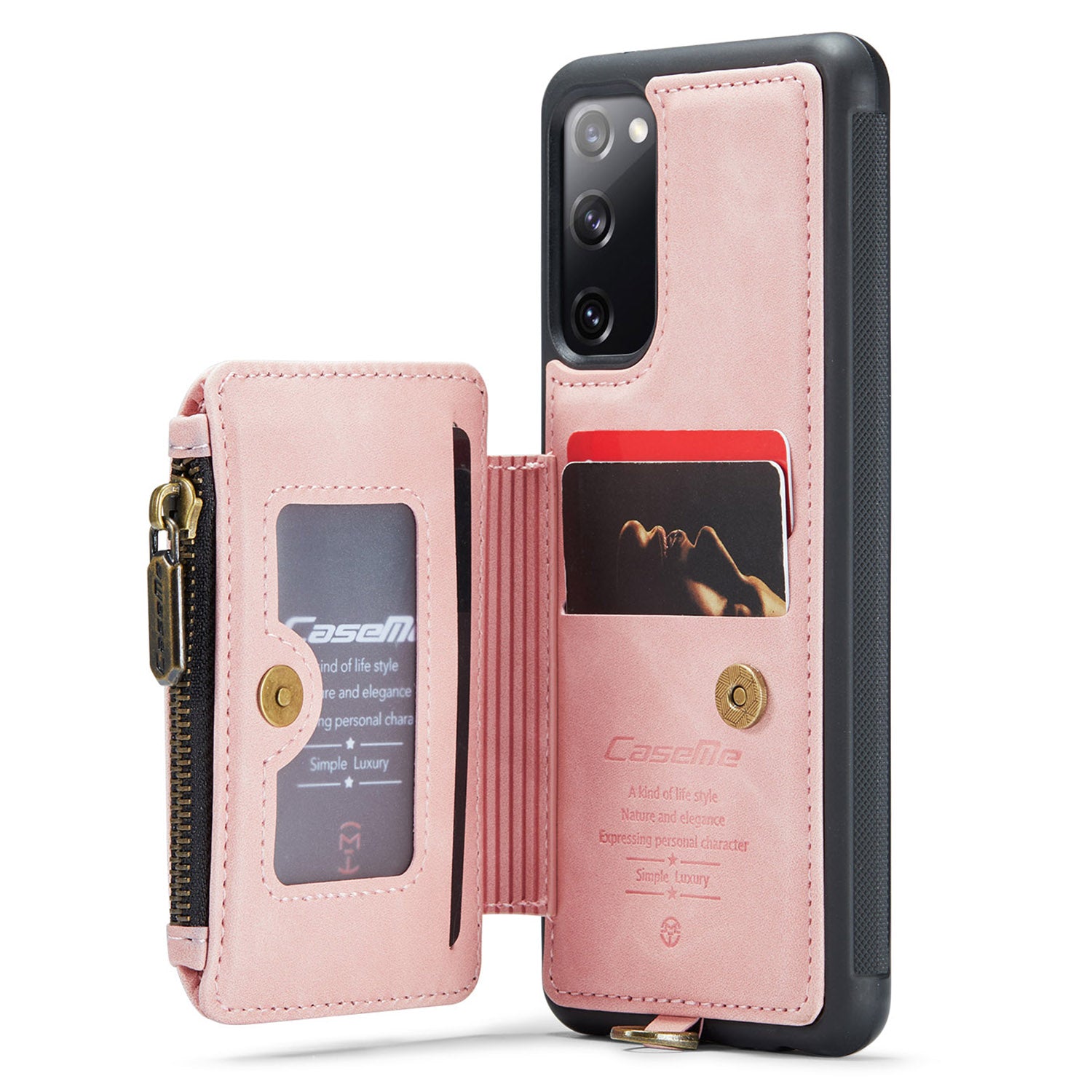 CASEME C20 Series for Samsung Galaxy S20 FE / S20 FE 5G / S20 FE 2022 / S20 Lite RFID Blocking Zipper Pocket Phone Case PU Leather Coated TPU Cover Wallet Kickstand - Pink