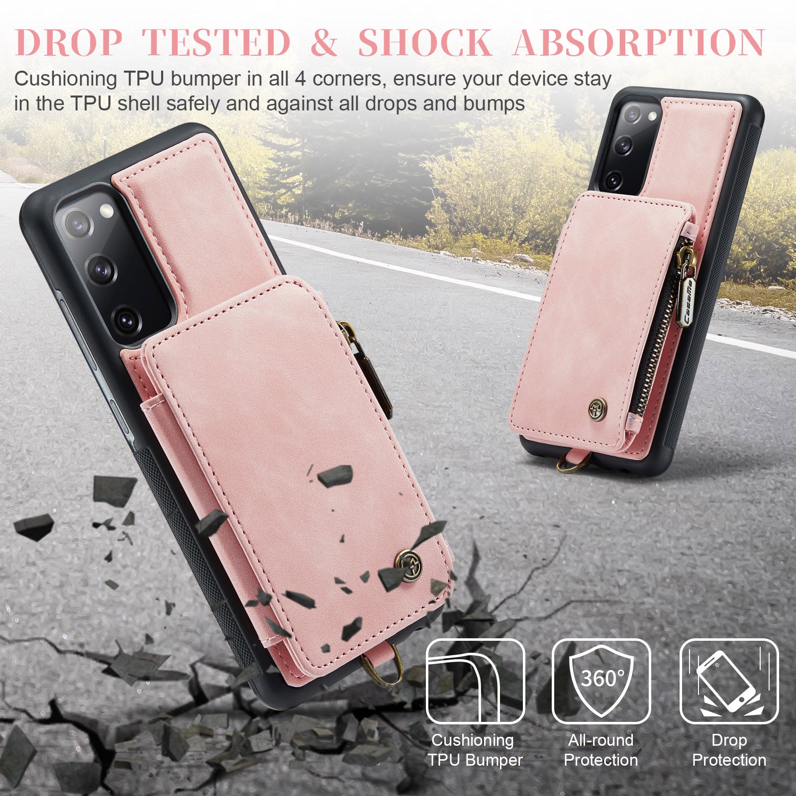 CASEME C20 Series for Samsung Galaxy S20 FE / S20 FE 5G / S20 FE 2022 / S20 Lite RFID Blocking Zipper Pocket Phone Case PU Leather Coated TPU Cover Wallet Kickstand - Pink