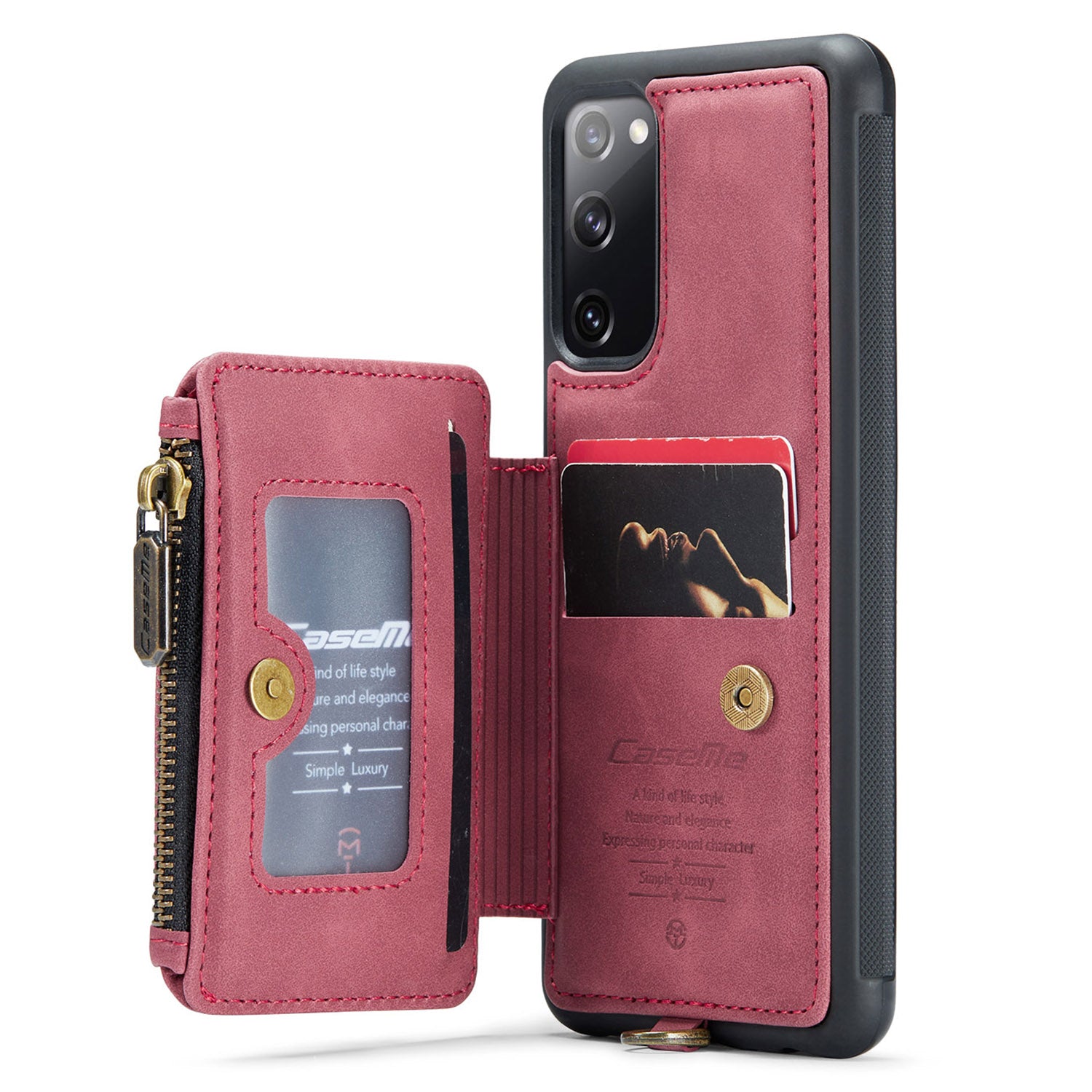 CASEME C20 Series for Samsung Galaxy S20 FE / S20 FE 5G / S20 FE 2022 / S20 Lite RFID Blocking Zipper Pocket Phone Case PU Leather Coated TPU Cover Wallet Kickstand - Red