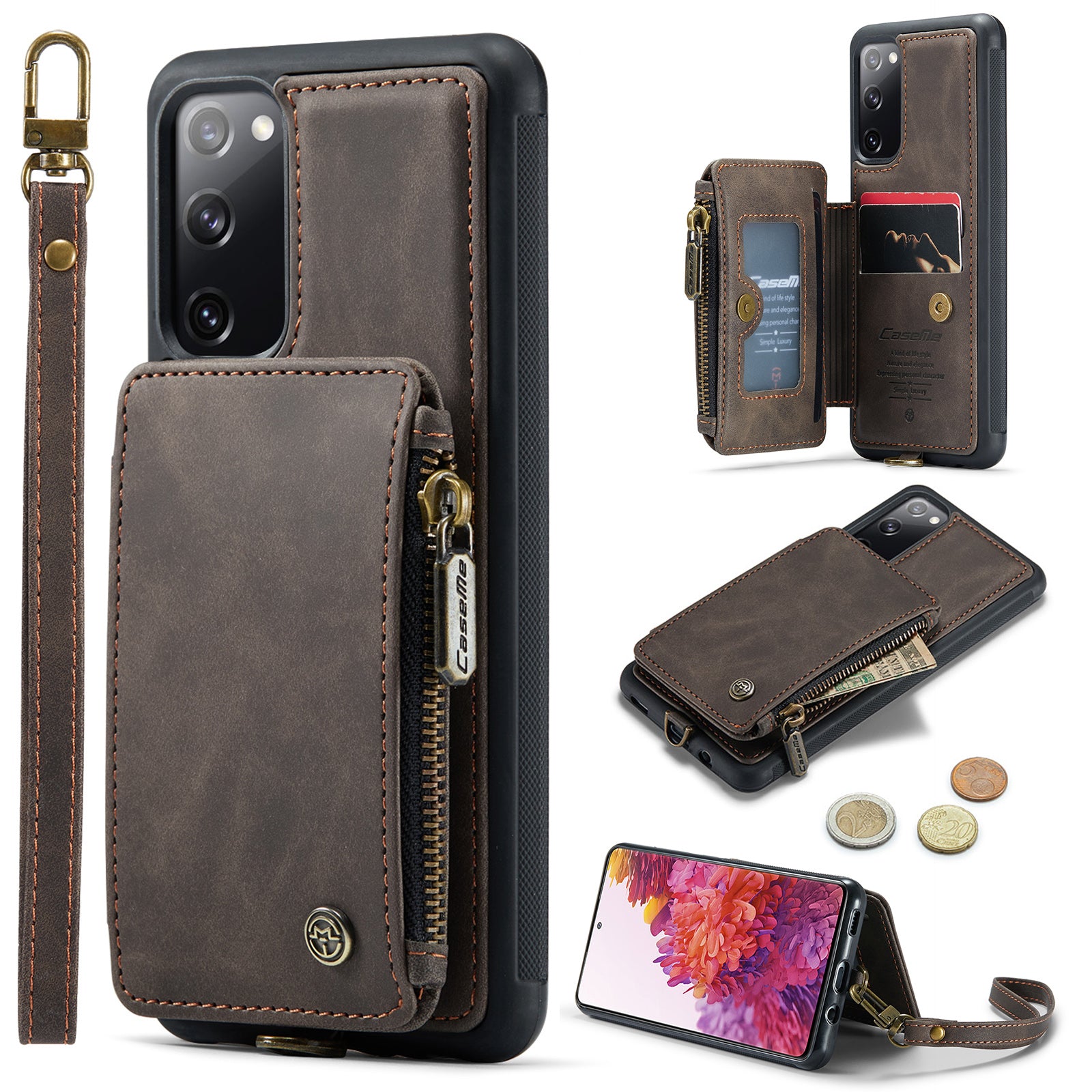 CASEME C20 Series for Samsung Galaxy S20 FE / S20 FE 5G / S20 FE 2022 / S20 Lite RFID Blocking Zipper Pocket Phone Case PU Leather Coated TPU Cover Wallet Kickstand - Coffee