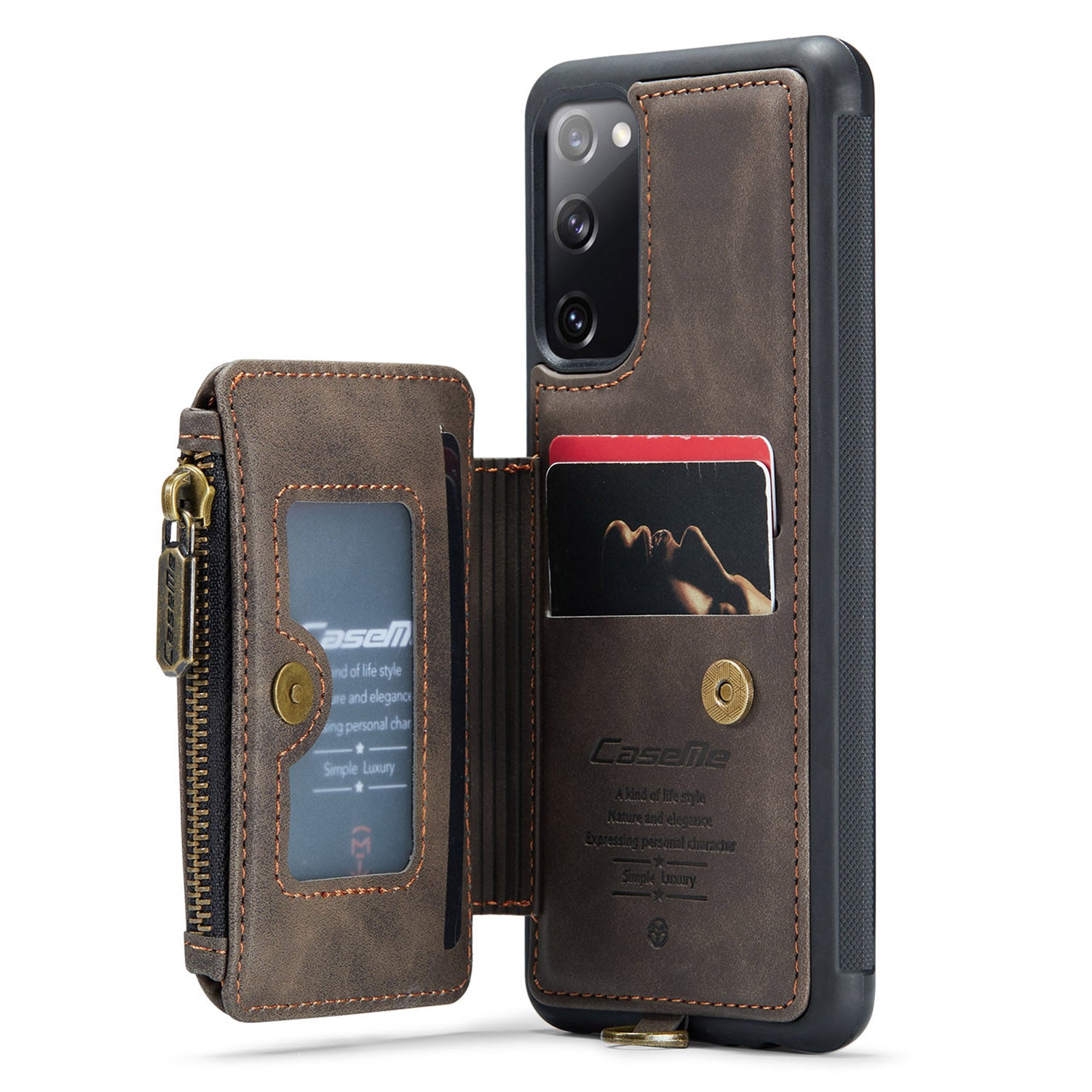 CASEME C20 Series for Samsung Galaxy S20 FE / S20 FE 5G / S20 FE 2022 / S20 Lite RFID Blocking Zipper Pocket Phone Case PU Leather Coated TPU Cover Wallet Kickstand - Coffee