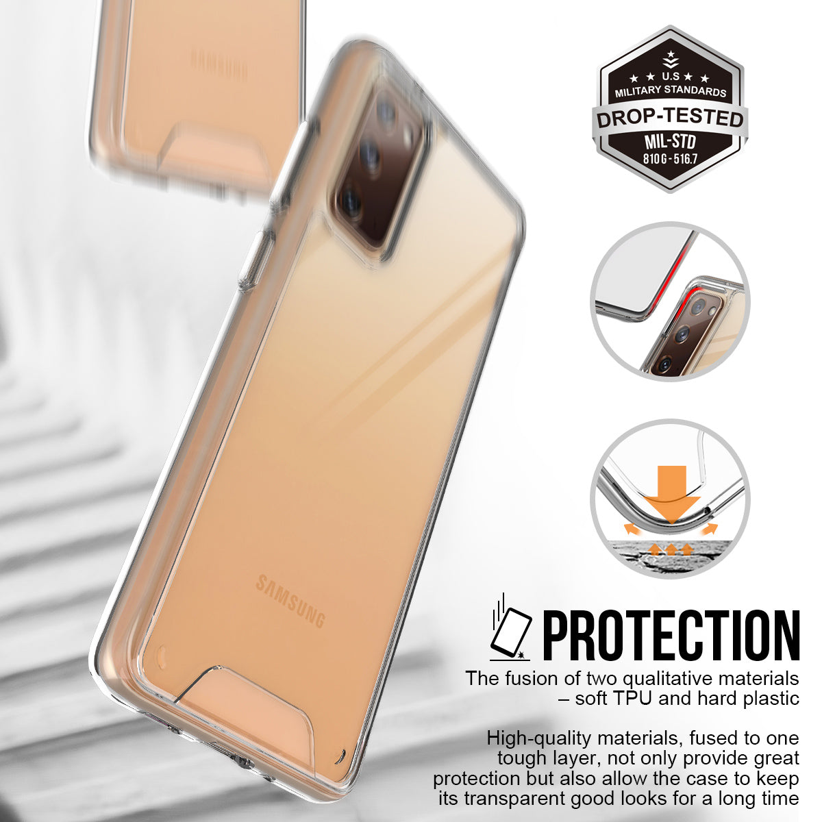 For Samsung Galaxy S20 FE 4G / FE 5G / S20 Lite / S20 FE 2022 Military Grade Drop-proof Clear PC+TPU Hybrid Case with Electroplating Independent Button