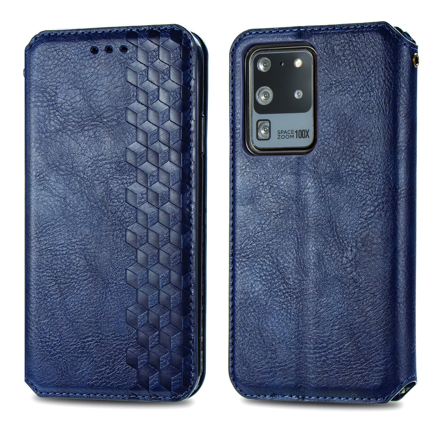 For Samsung Galaxy S20 Ultra 4G / 5G Rhombus Imprinted PU Leather Flip Case Wallet Stand Magnetic Auto Closing Phone Cover - Blue