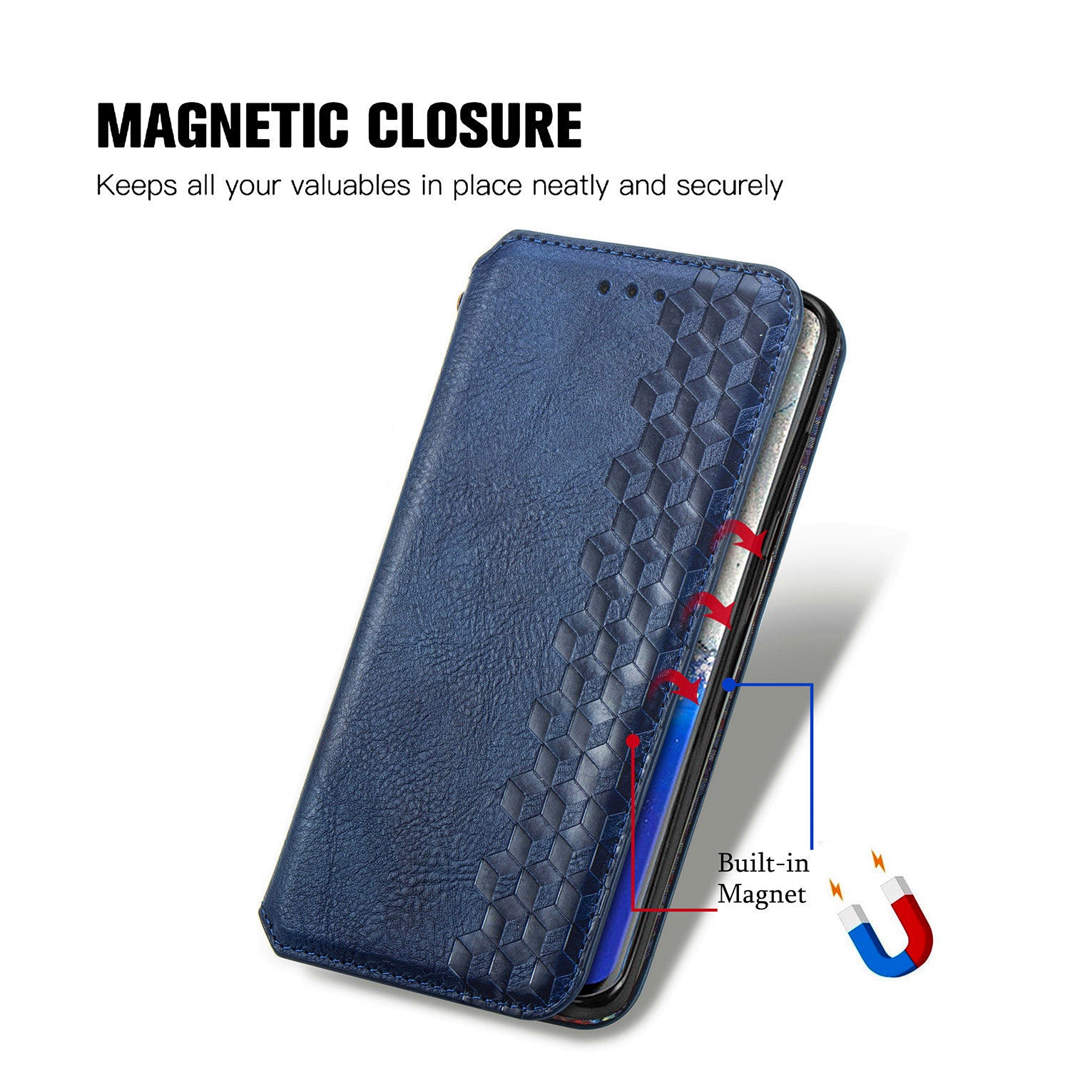 For Samsung Galaxy S20 Ultra 4G / 5G Rhombus Imprinted PU Leather Flip Case Wallet Stand Magnetic Auto Closing Phone Cover - Blue