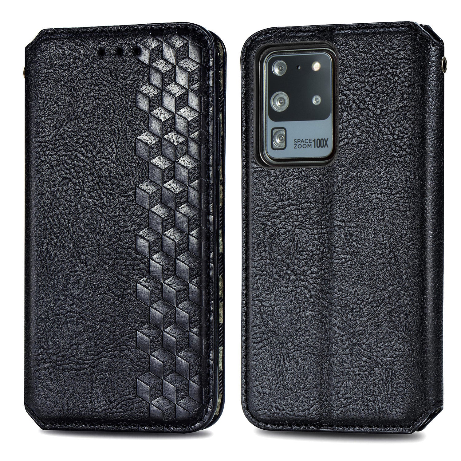 For Samsung Galaxy S20 Ultra 4G / 5G Rhombus Imprinted PU Leather Flip Case Wallet Stand Magnetic Auto Closing Phone Cover - Black