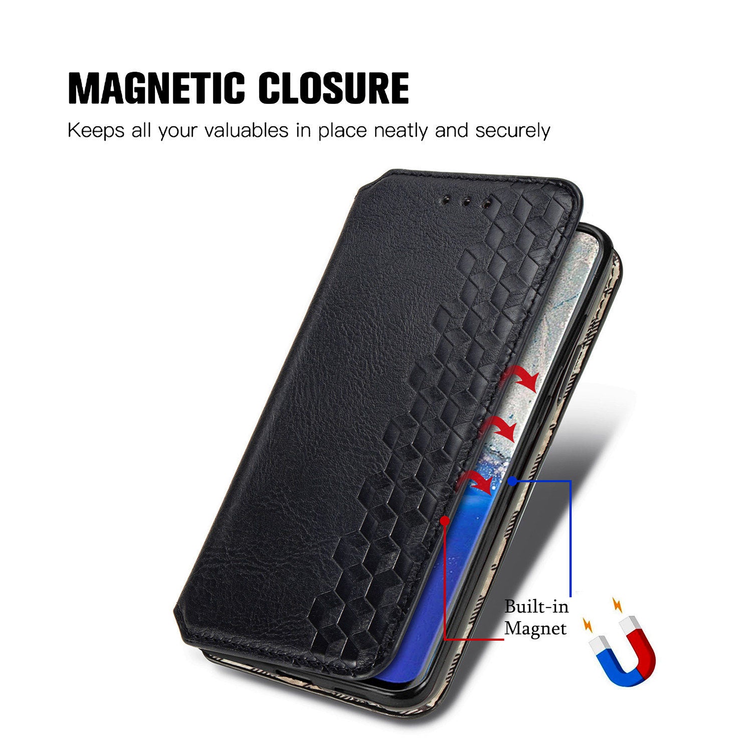 For Samsung Galaxy S20 Ultra 4G / 5G Rhombus Imprinted PU Leather Flip Case Wallet Stand Magnetic Auto Closing Phone Cover - Black