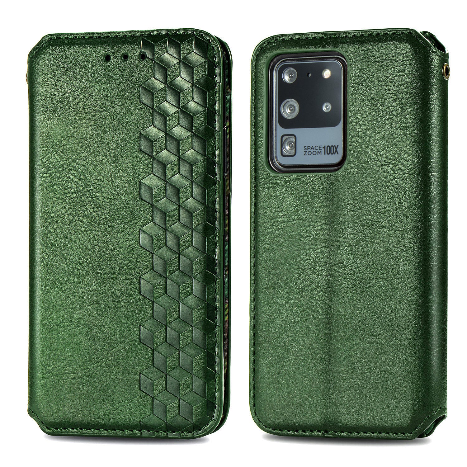 For Samsung Galaxy S20 Ultra 4G / 5G Rhombus Imprinted PU Leather Flip Case Wallet Stand Magnetic Auto Closing Phone Cover - Green