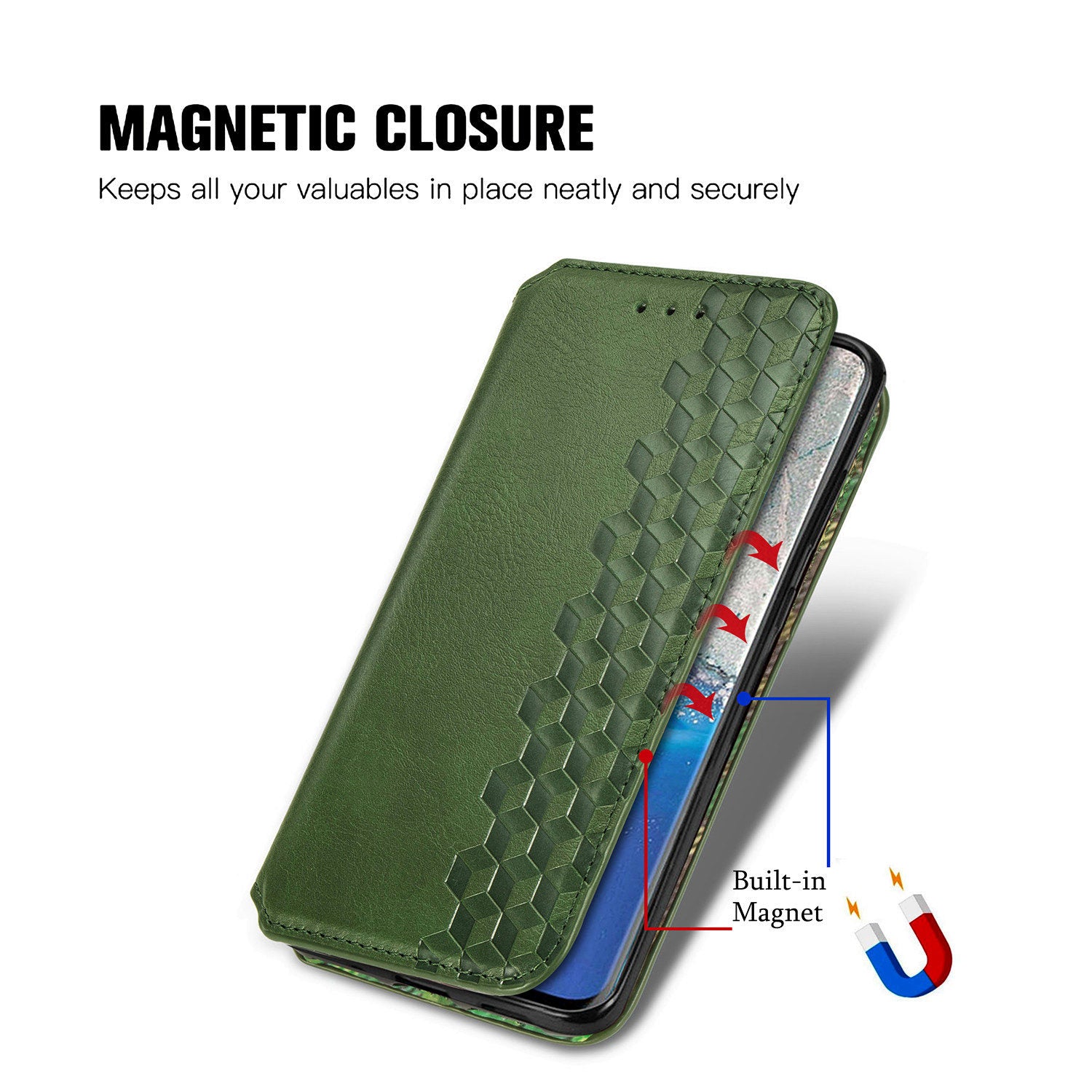 For Samsung Galaxy S20 Ultra 4G / 5G Rhombus Imprinted PU Leather Flip Case Wallet Stand Magnetic Auto Closing Phone Cover - Green