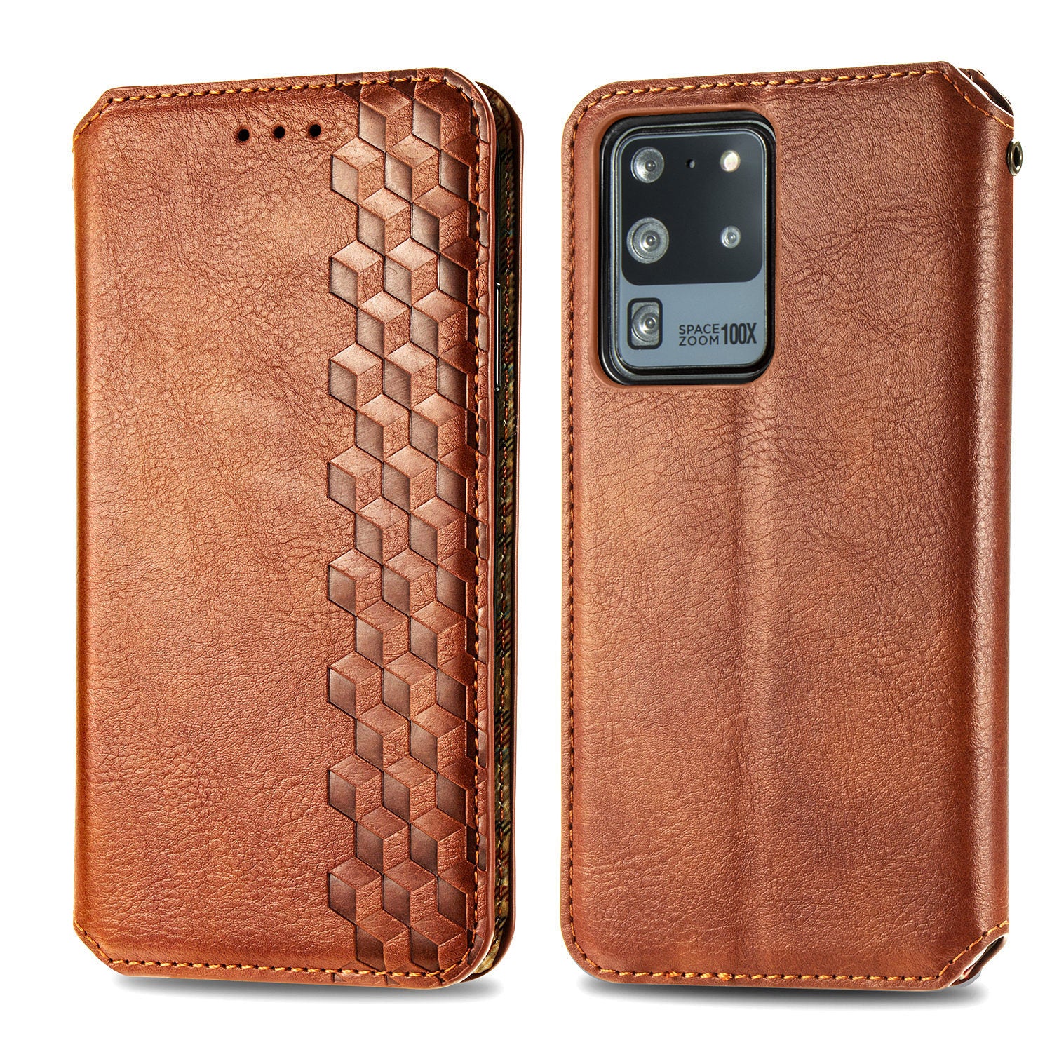 For Samsung Galaxy S20 Ultra 4G / 5G Rhombus Imprinted PU Leather Flip Case Wallet Stand Magnetic Auto Closing Phone Cover - Brown