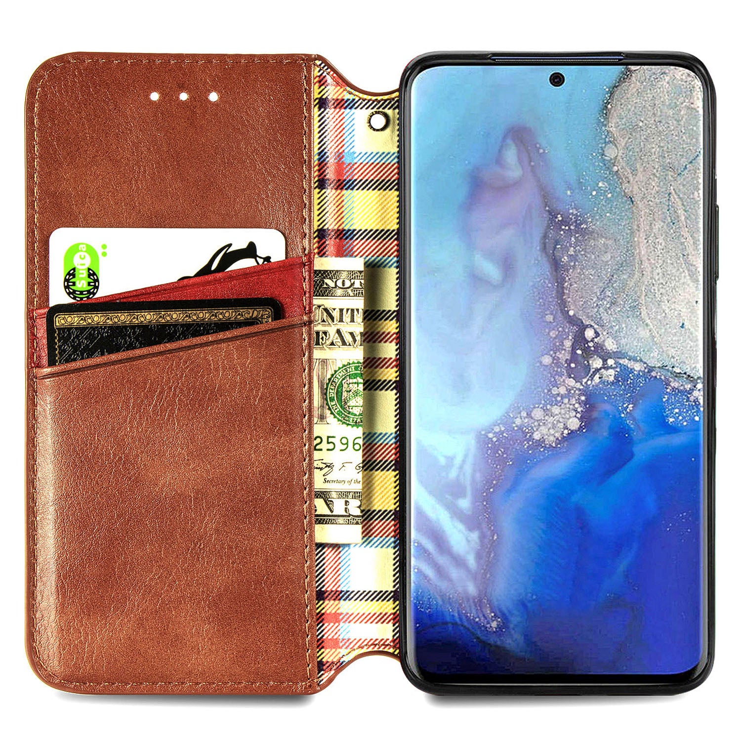 For Samsung Galaxy S20 Ultra 4G / 5G Rhombus Imprinted PU Leather Flip Case Wallet Stand Magnetic Auto Closing Phone Cover - Brown