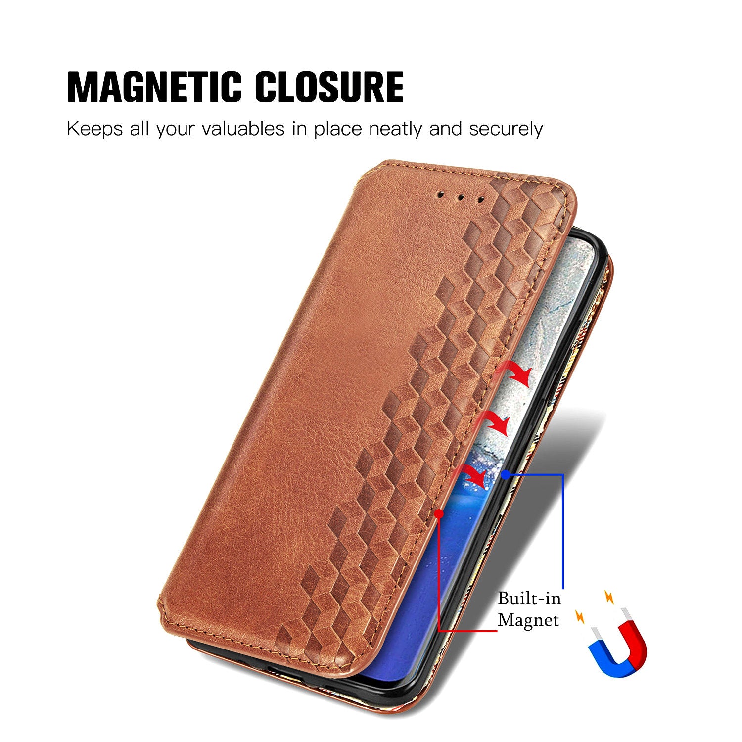 For Samsung Galaxy S20 Ultra 4G / 5G Rhombus Imprinted PU Leather Flip Case Wallet Stand Magnetic Auto Closing Phone Cover - Brown