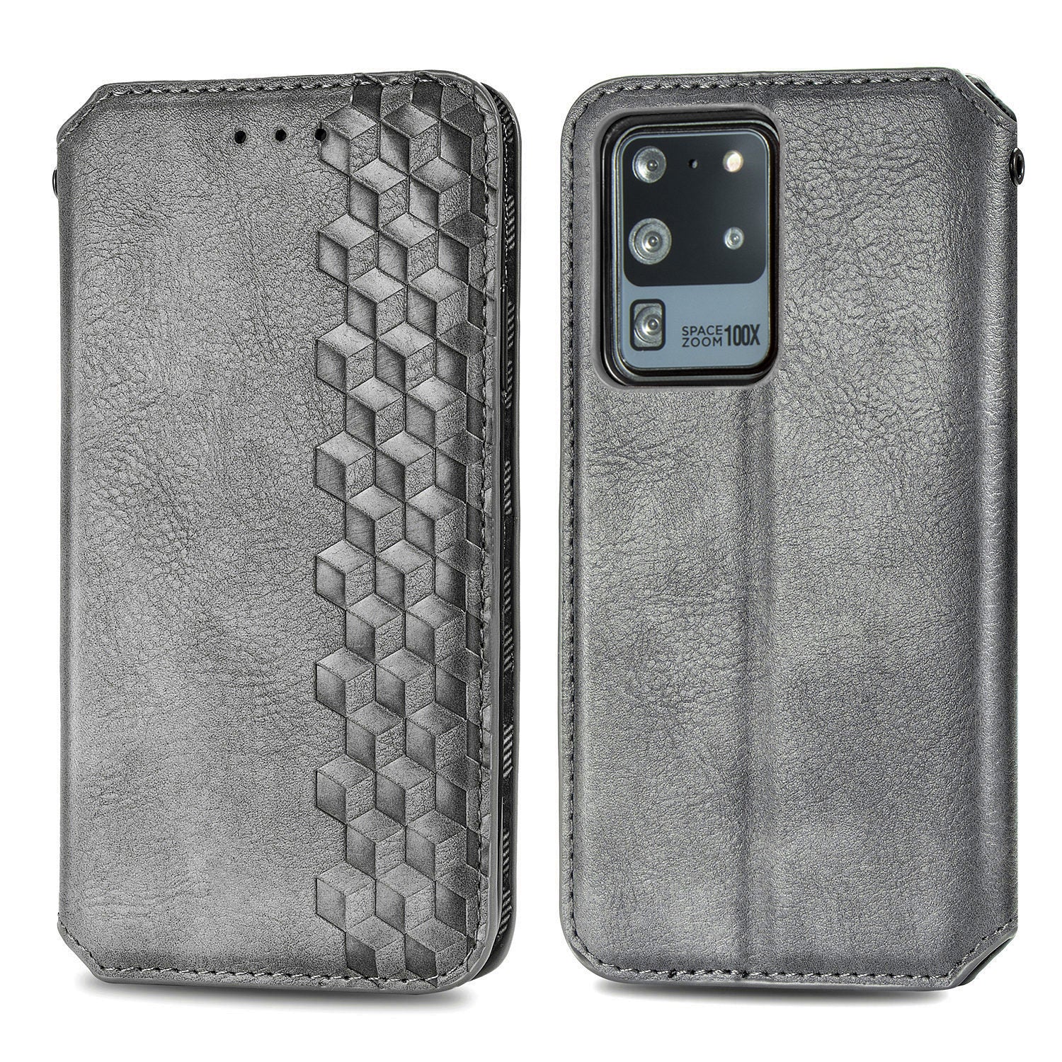 For Samsung Galaxy S20 Ultra 4G / 5G Rhombus Imprinted PU Leather Flip Case Wallet Stand Magnetic Auto Closing Phone Cover - Grey