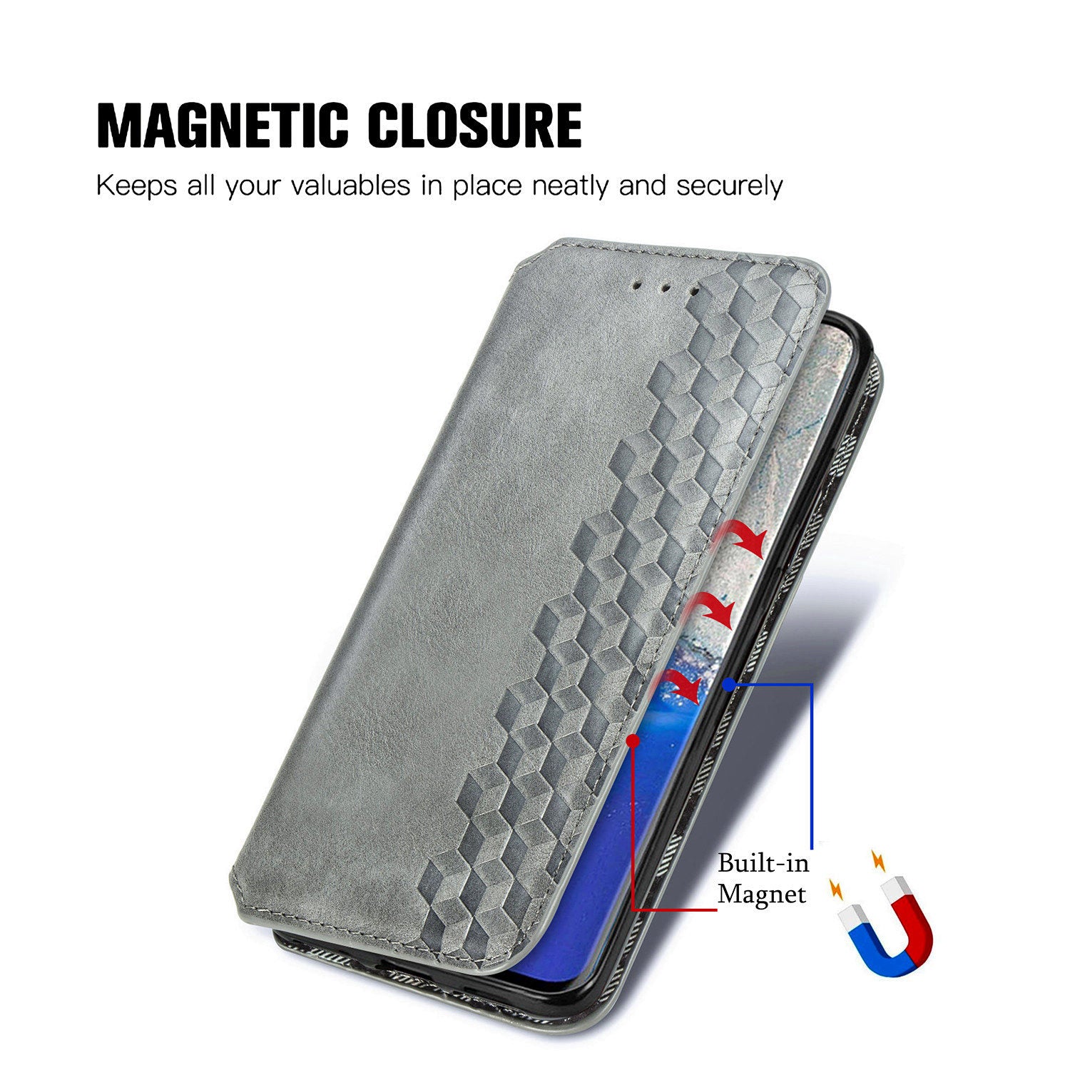 For Samsung Galaxy S20 Ultra 4G / 5G Rhombus Imprinted PU Leather Flip Case Wallet Stand Magnetic Auto Closing Phone Cover - Grey