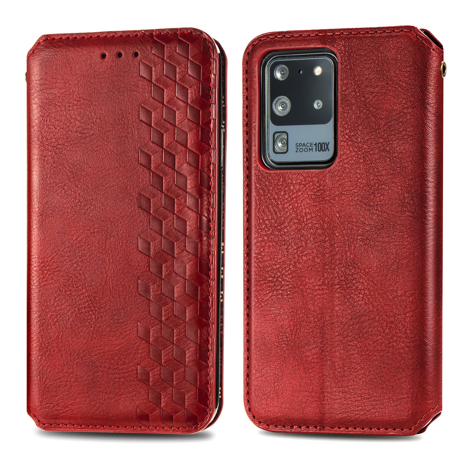 For Samsung Galaxy S20 Ultra 4G / 5G Rhombus Imprinted PU Leather Flip Case Wallet Stand Magnetic Auto Closing Phone Cover - Red