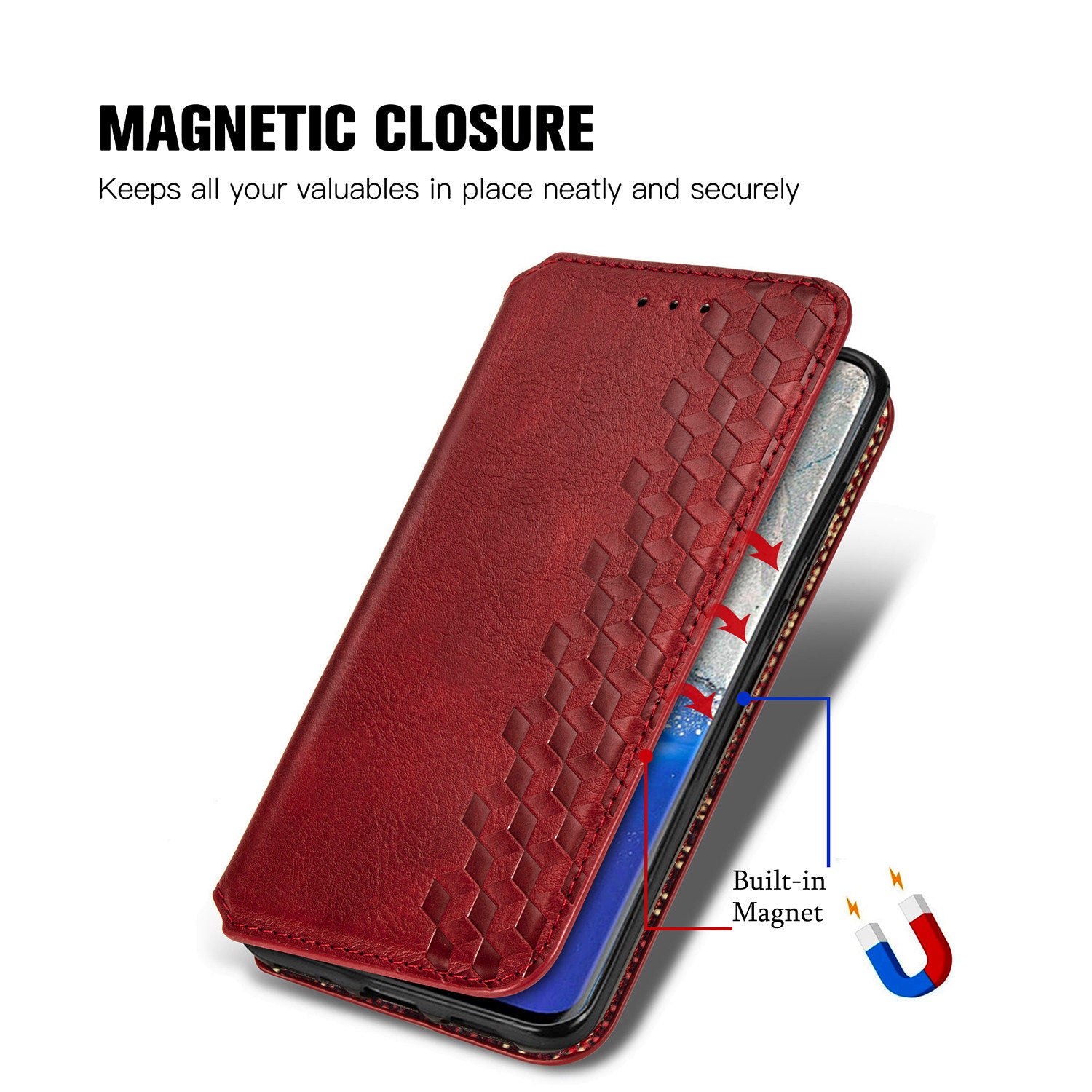 For Samsung Galaxy S20 Ultra 4G / 5G Rhombus Imprinted PU Leather Flip Case Wallet Stand Magnetic Auto Closing Phone Cover - Red