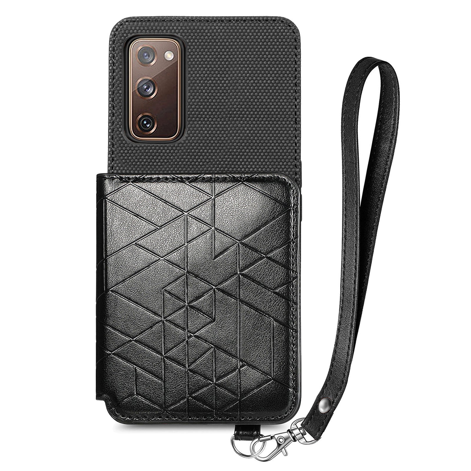 For Samsung Galaxy S20 FE 2022 / S20 FE 5G / S20 FE / S20 Lite Anti-scratch Phone Case with Strap Kickstand PU Leather + TPU Geometry Imprinted Protective Wallet Cover - Black