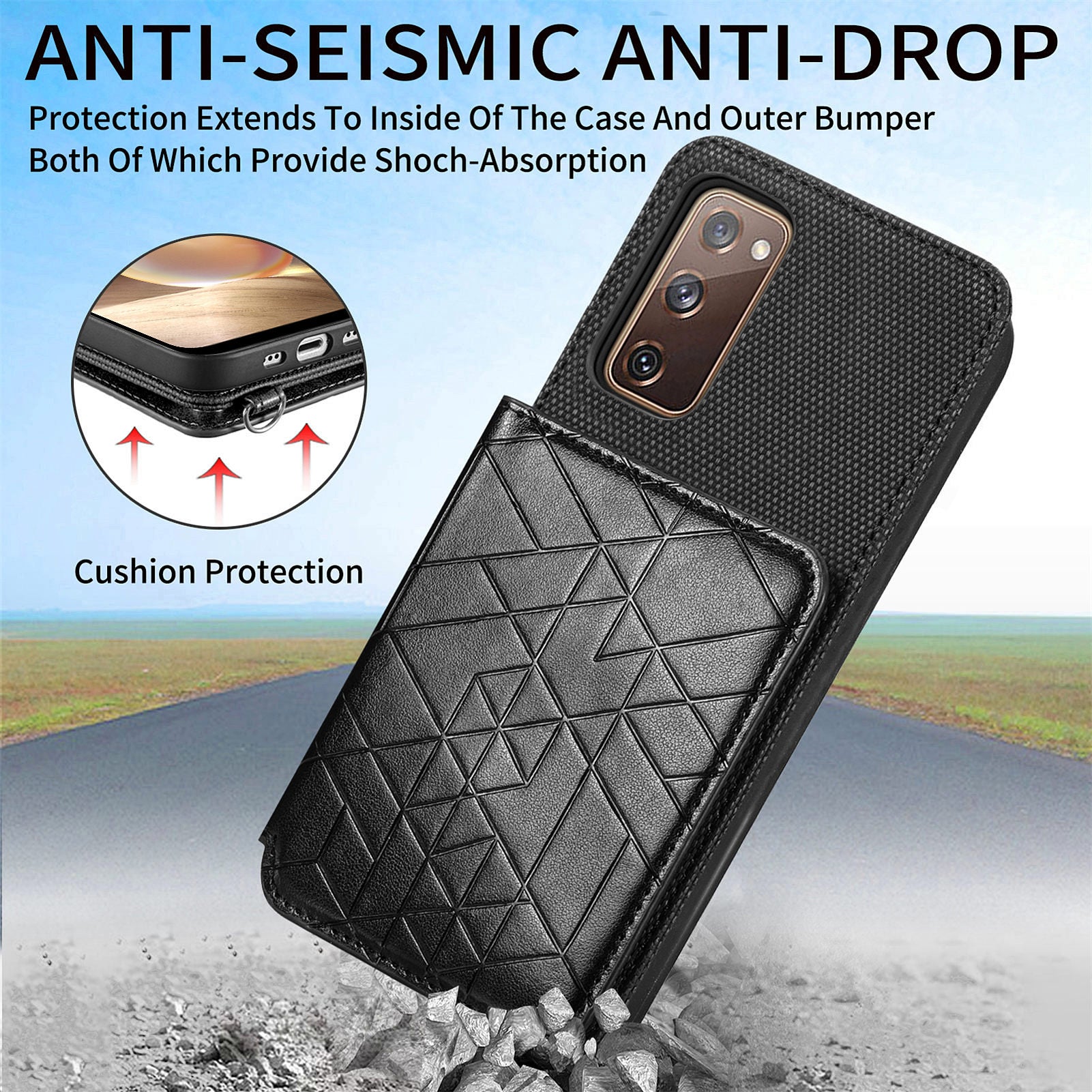 For Samsung Galaxy S20 FE 2022 / S20 FE 5G / S20 FE / S20 Lite Anti-scratch Phone Case with Strap Kickstand PU Leather + TPU Geometry Imprinted Protective Wallet Cover - Black