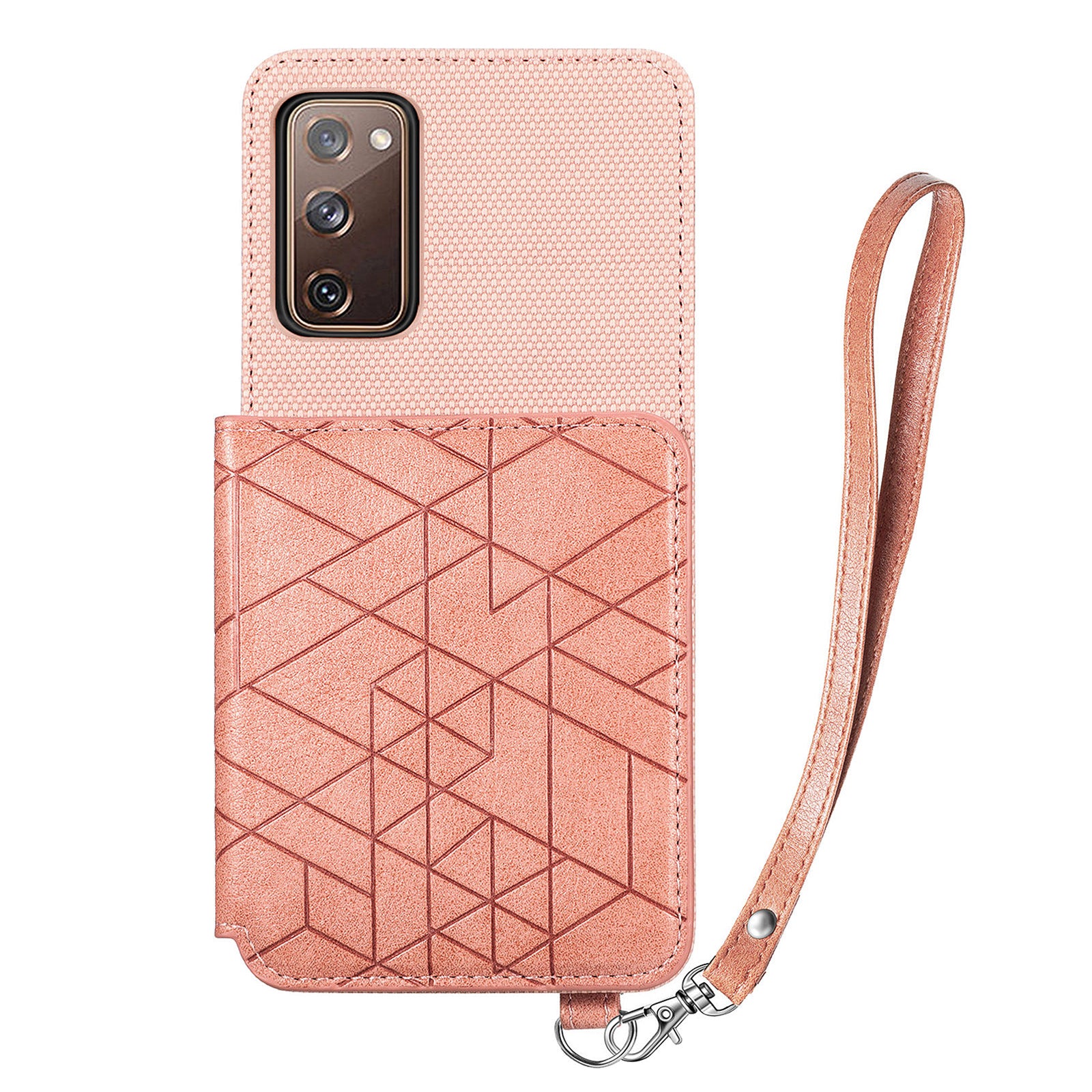 For Samsung Galaxy S20 FE 2022 / S20 FE 5G / S20 FE / S20 Lite Anti-scratch Phone Case with Strap Kickstand PU Leather + TPU Geometry Imprinted Protective Wallet Cover - Rose Gold