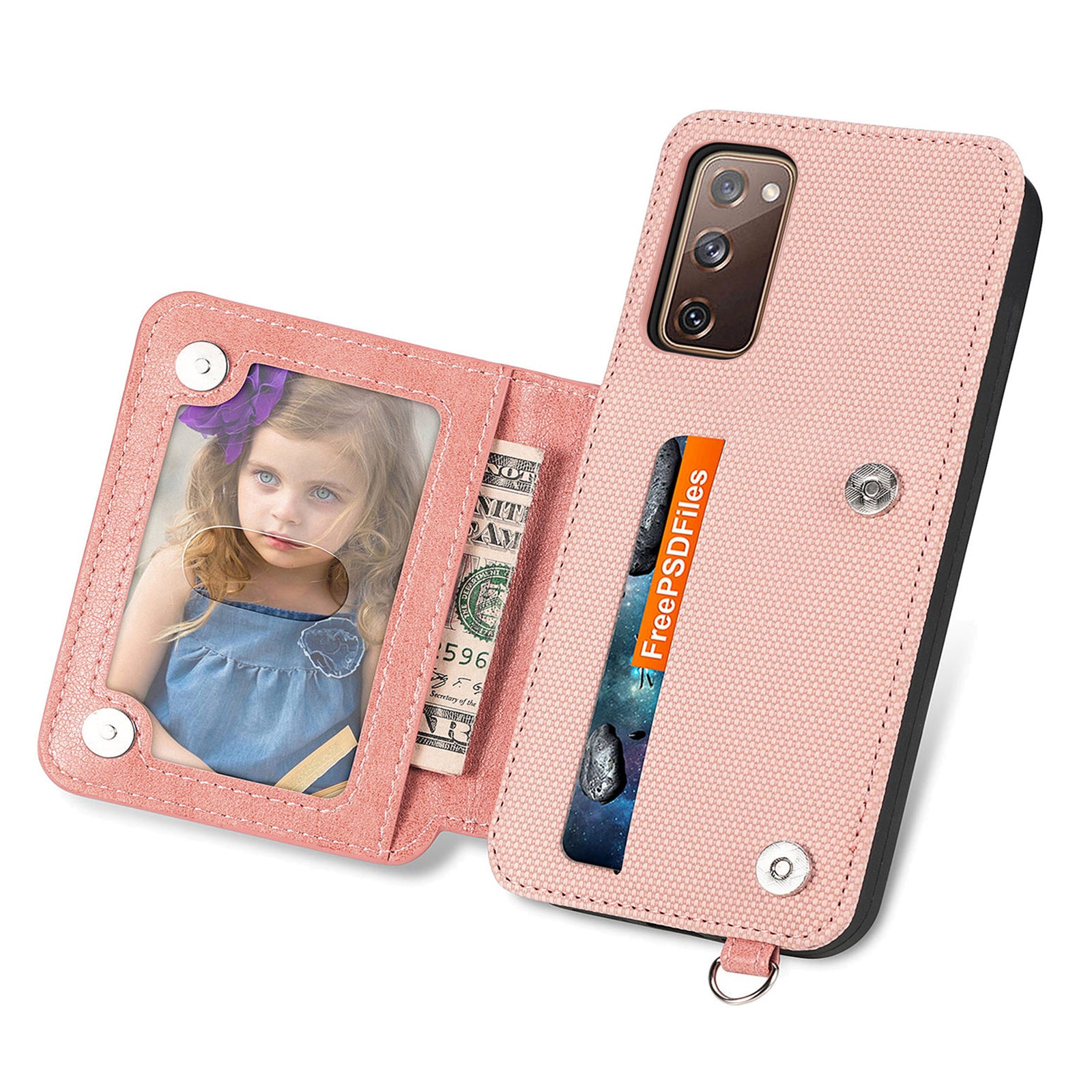 For Samsung Galaxy S20 FE 2022 / S20 FE 5G / S20 FE / S20 Lite Anti-scratch Phone Case with Strap Kickstand PU Leather + TPU Geometry Imprinted Protective Wallet Cover - Rose Gold