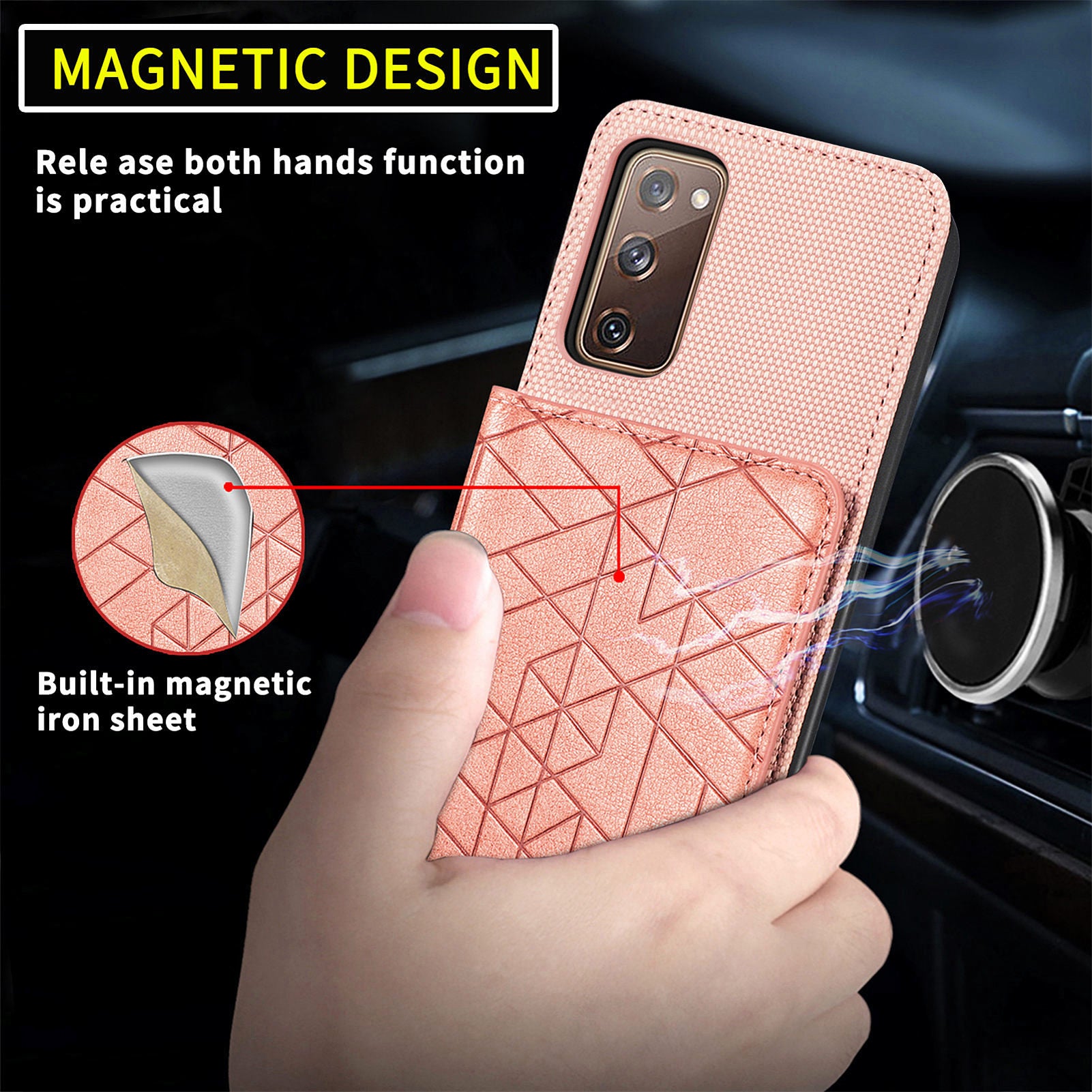 For Samsung Galaxy S20 FE 2022 / S20 FE 5G / S20 FE / S20 Lite Anti-scratch Phone Case with Strap Kickstand PU Leather + TPU Geometry Imprinted Protective Wallet Cover - Rose Gold