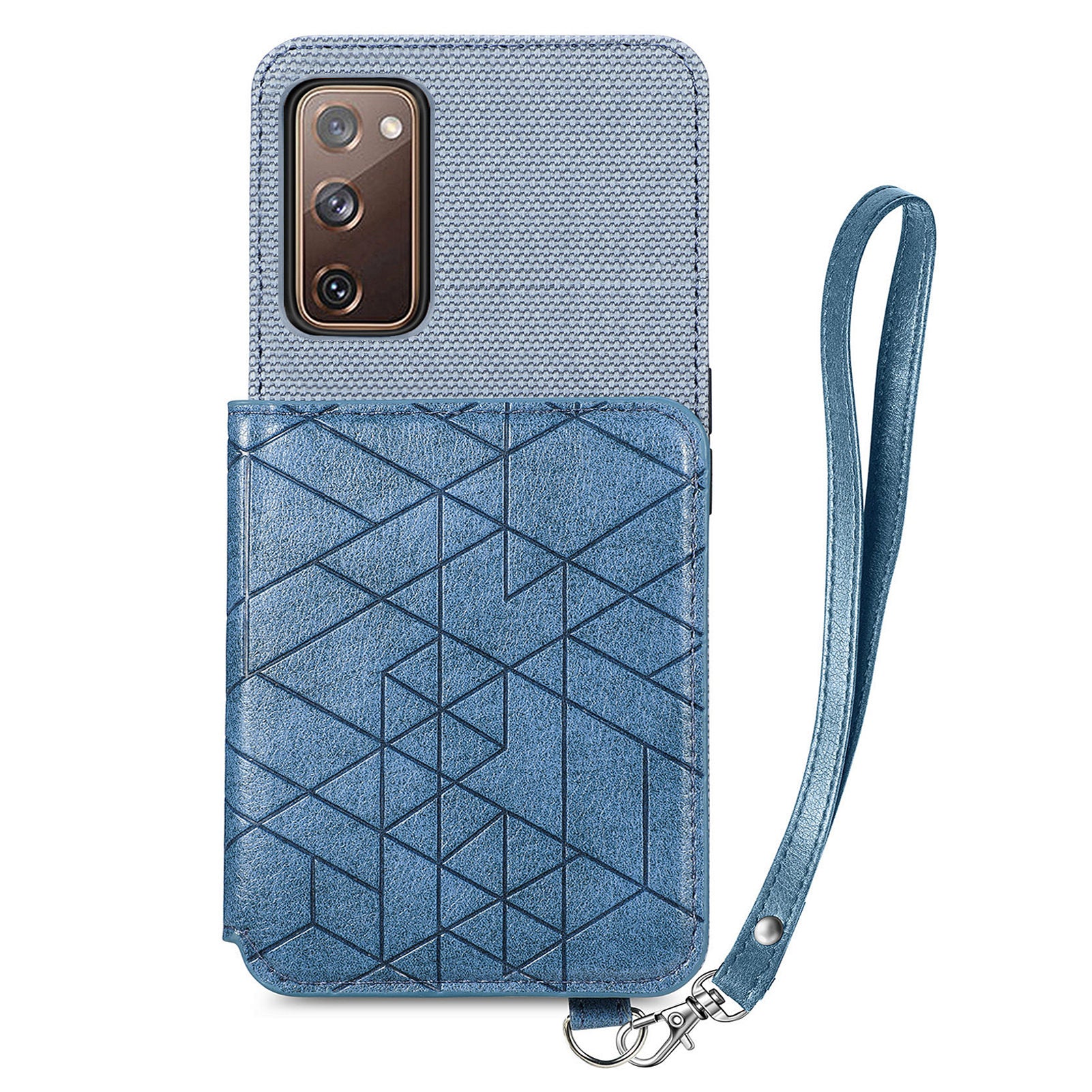 For Samsung Galaxy S20 FE 2022 / S20 FE 5G / S20 FE / S20 Lite Anti-scratch Phone Case with Strap Kickstand PU Leather + TPU Geometry Imprinted Protective Wallet Cover - Blue