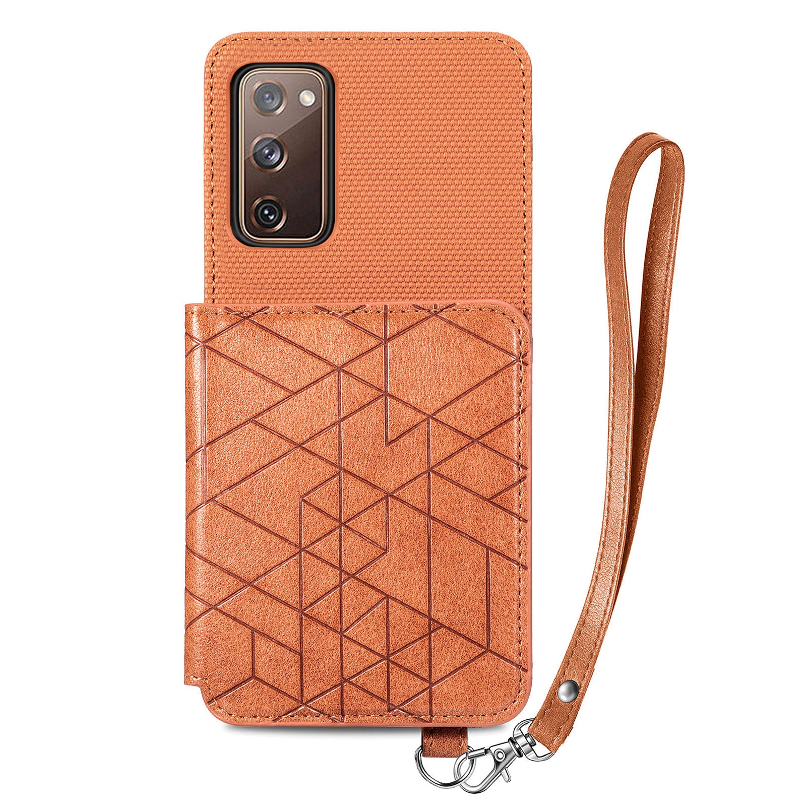 For Samsung Galaxy S20 FE 2022 / S20 FE 5G / S20 FE / S20 Lite Anti-scratch Phone Case with Strap Kickstand PU Leather + TPU Geometry Imprinted Protective Wallet Cover - Brown