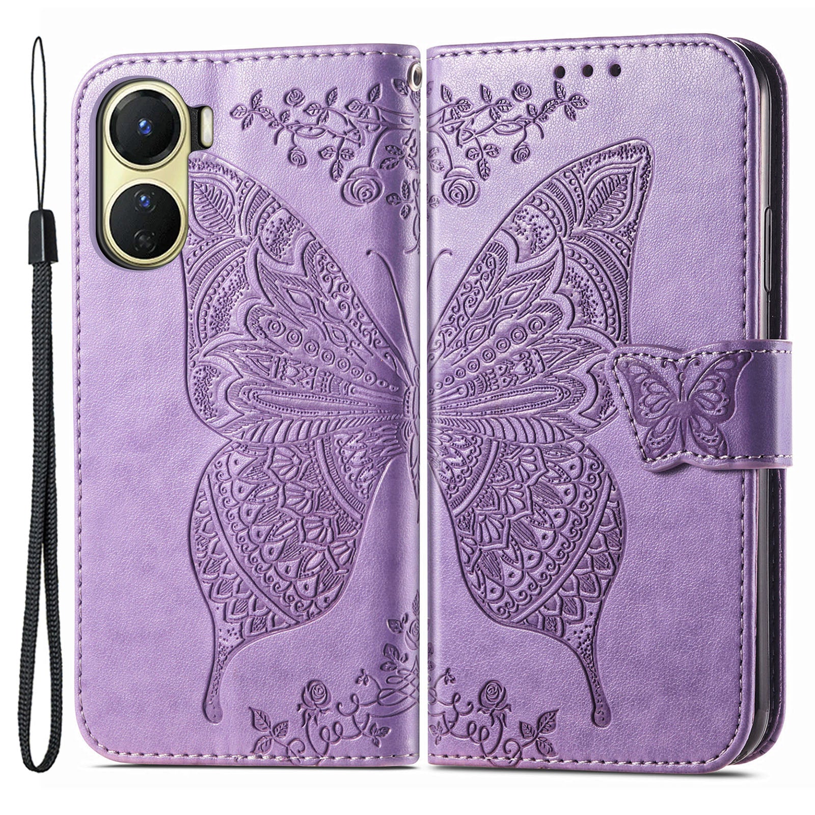 Imprinted Butterfly Pattern Phone Case for vivo Y16 4G, Stand Wallet PU Leather Magnetic Clasp Cover - Light Purple