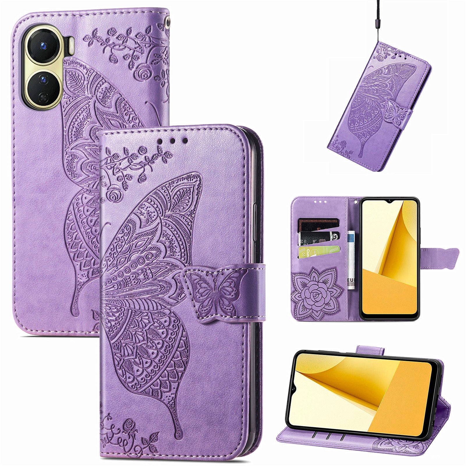 Imprinted Butterfly Pattern Phone Case for vivo Y16 4G, Stand Wallet PU Leather Magnetic Clasp Cover - Light Purple