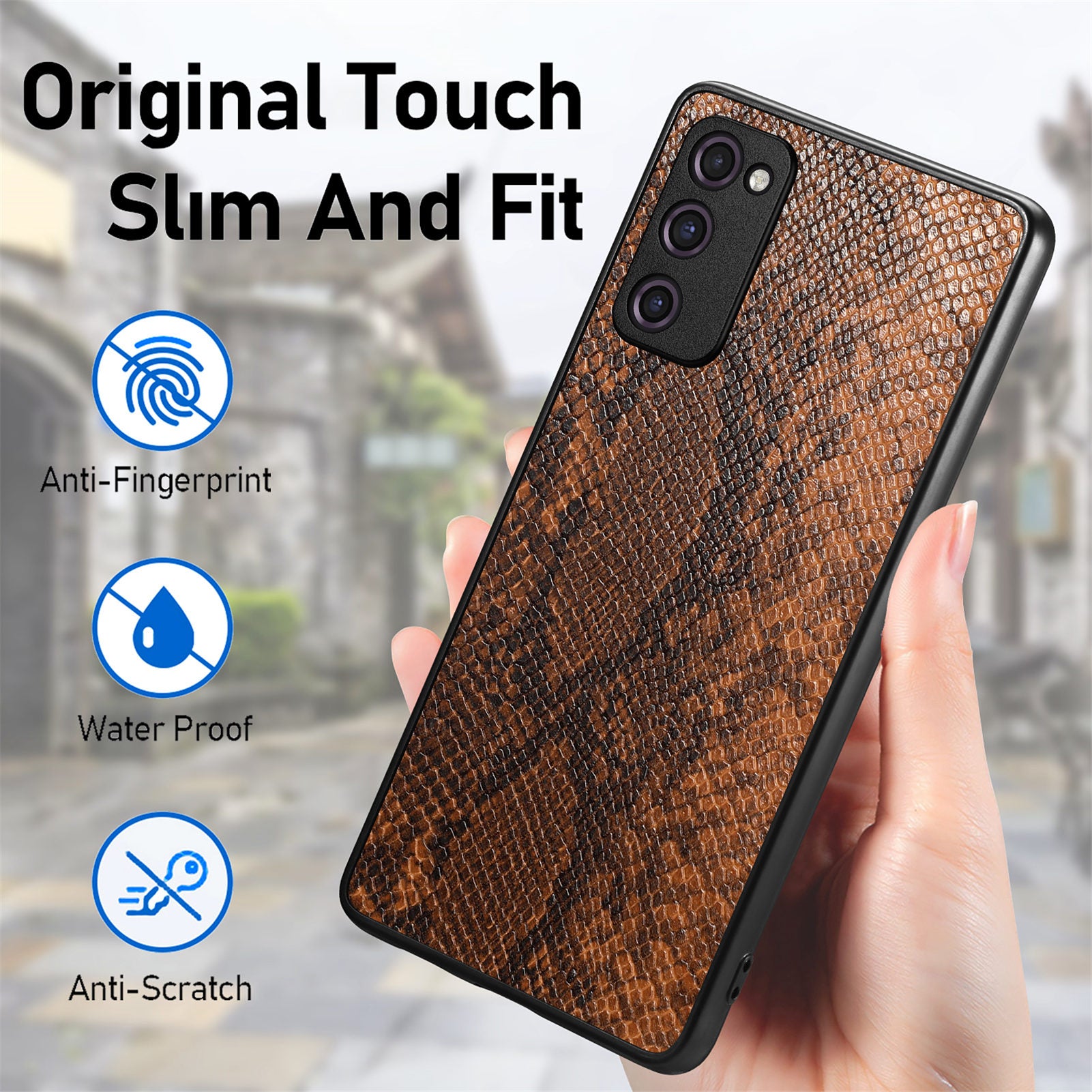 For Samsung Galaxy S20 FE 5G / S20 FE / S20 FE 2022 / S20 Lite Snake Texture Phone Case PU Leather Coated PC + TPU Cover - Brown