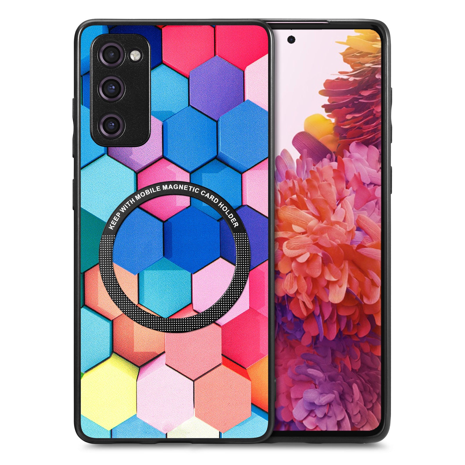 For Samsung Galaxy S20 FE 4G / FE 5G / S20 Lite / S20 FE 2022 PC+TPU+PU Leather Slim Cover Metal Ring Pattern Printing Phone Case - Colorful Honeycomb