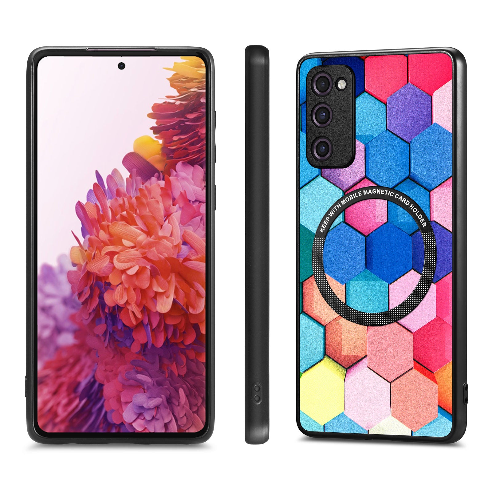 For Samsung Galaxy S20 FE 4G / FE 5G / S20 Lite / S20 FE 2022 PC+TPU+PU Leather Slim Cover Metal Ring Pattern Printing Phone Case - Colorful Honeycomb