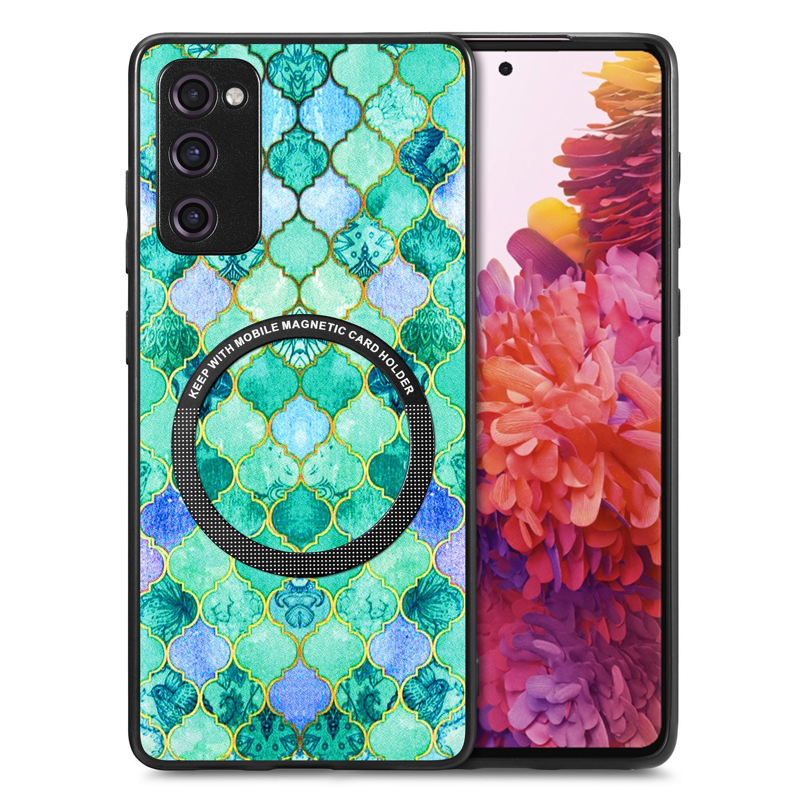 For Samsung Galaxy S20 FE 4G / FE 5G / S20 Lite / S20 FE 2022 PC+TPU+PU Leather Slim Cover Metal Ring Pattern Printing Phone Case - Emerald