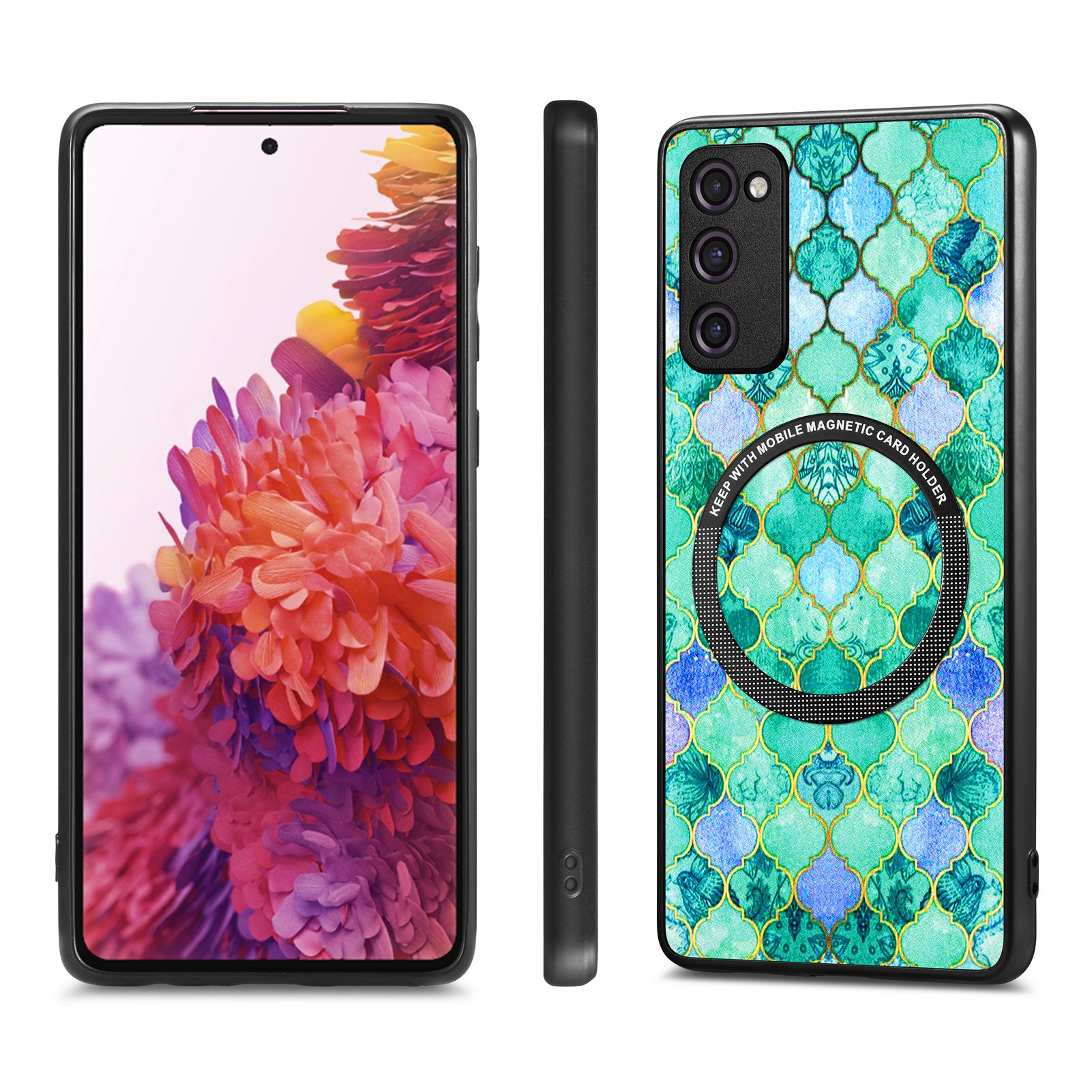 For Samsung Galaxy S20 FE 4G / FE 5G / S20 Lite / S20 FE 2022 PC+TPU+PU Leather Slim Cover Metal Ring Pattern Printing Phone Case - Emerald