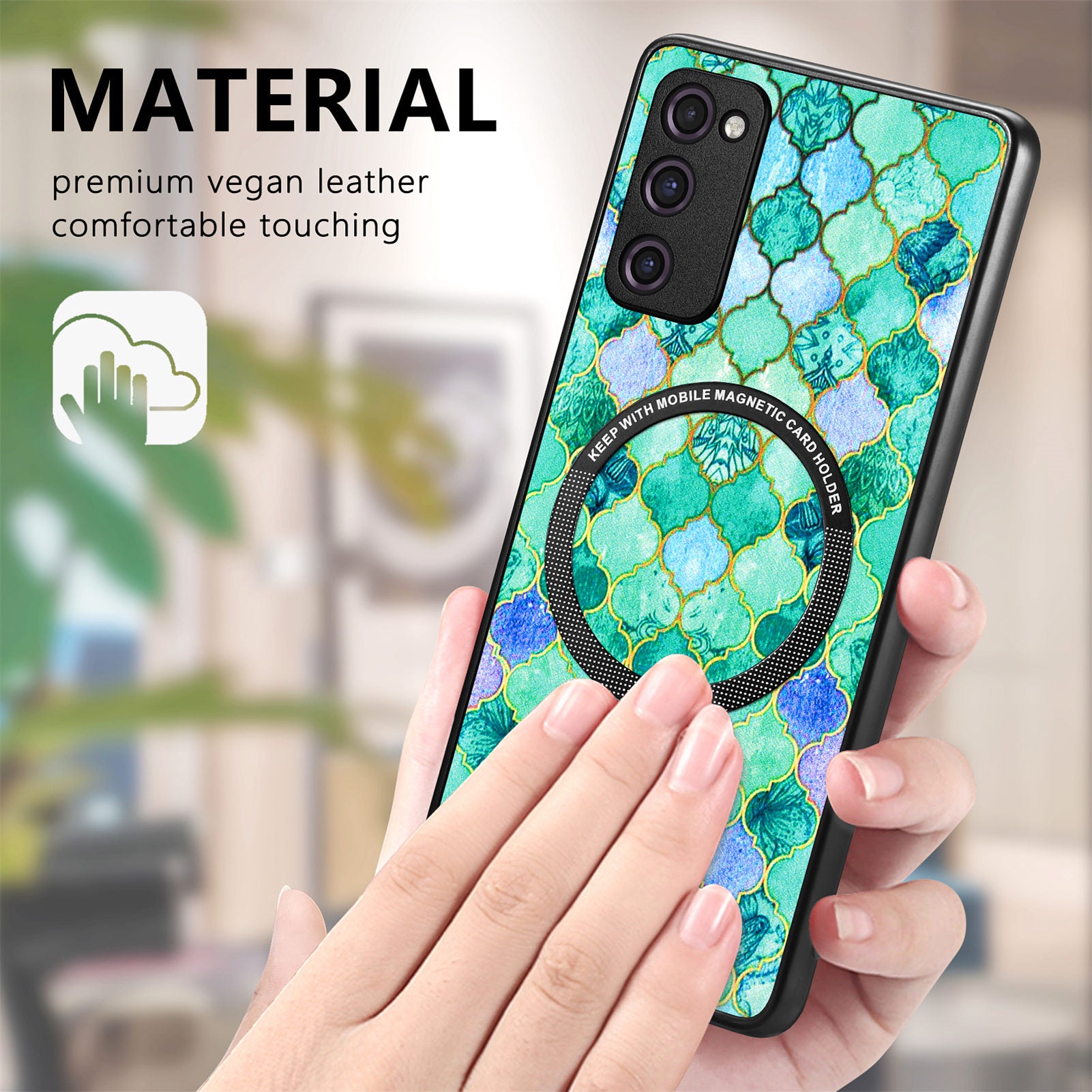 For Samsung Galaxy S20 FE 4G / FE 5G / S20 Lite / S20 FE 2022 PC+TPU+PU Leather Slim Cover Metal Ring Pattern Printing Phone Case - Emerald