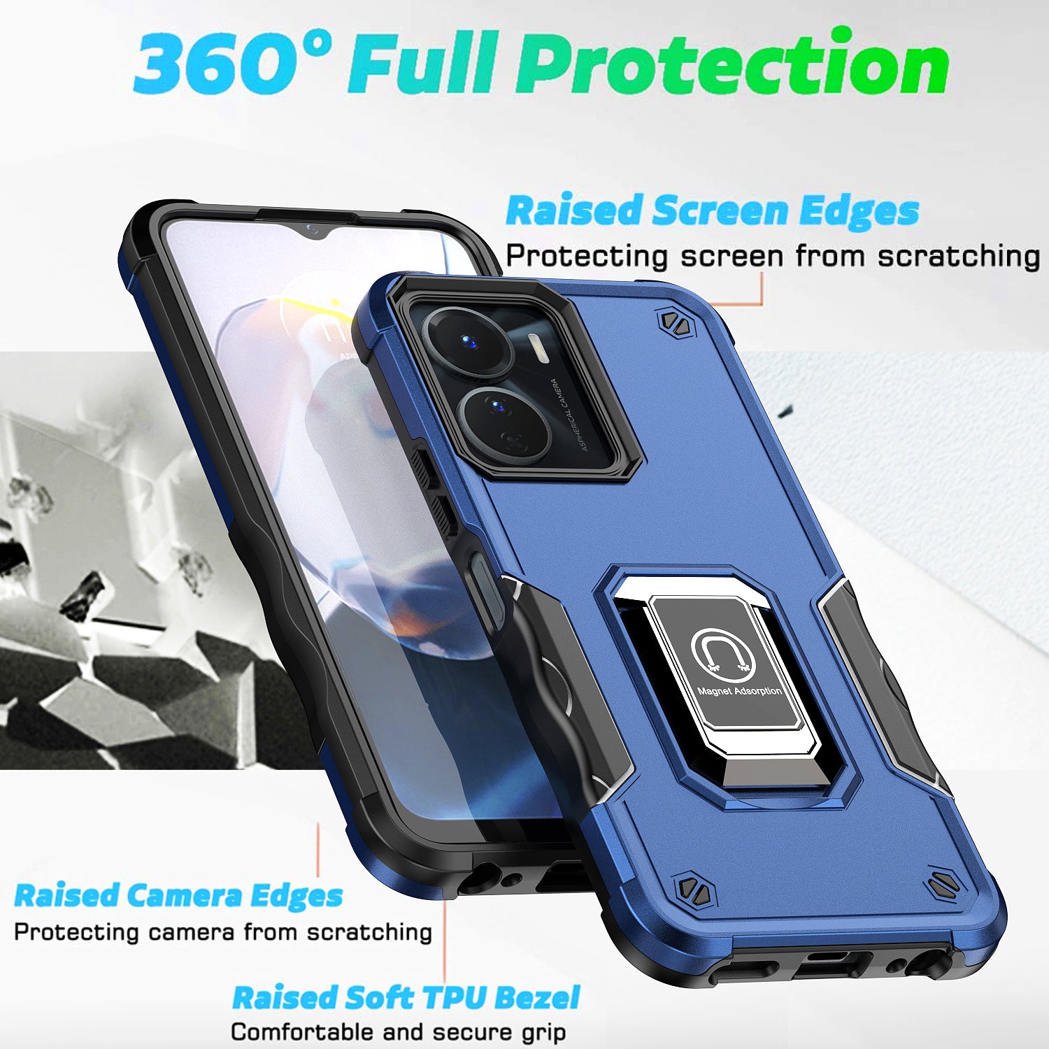 For vivo Y16 4G Phone Case Hard PC TPU Protective Cover with Kickstand - Blue