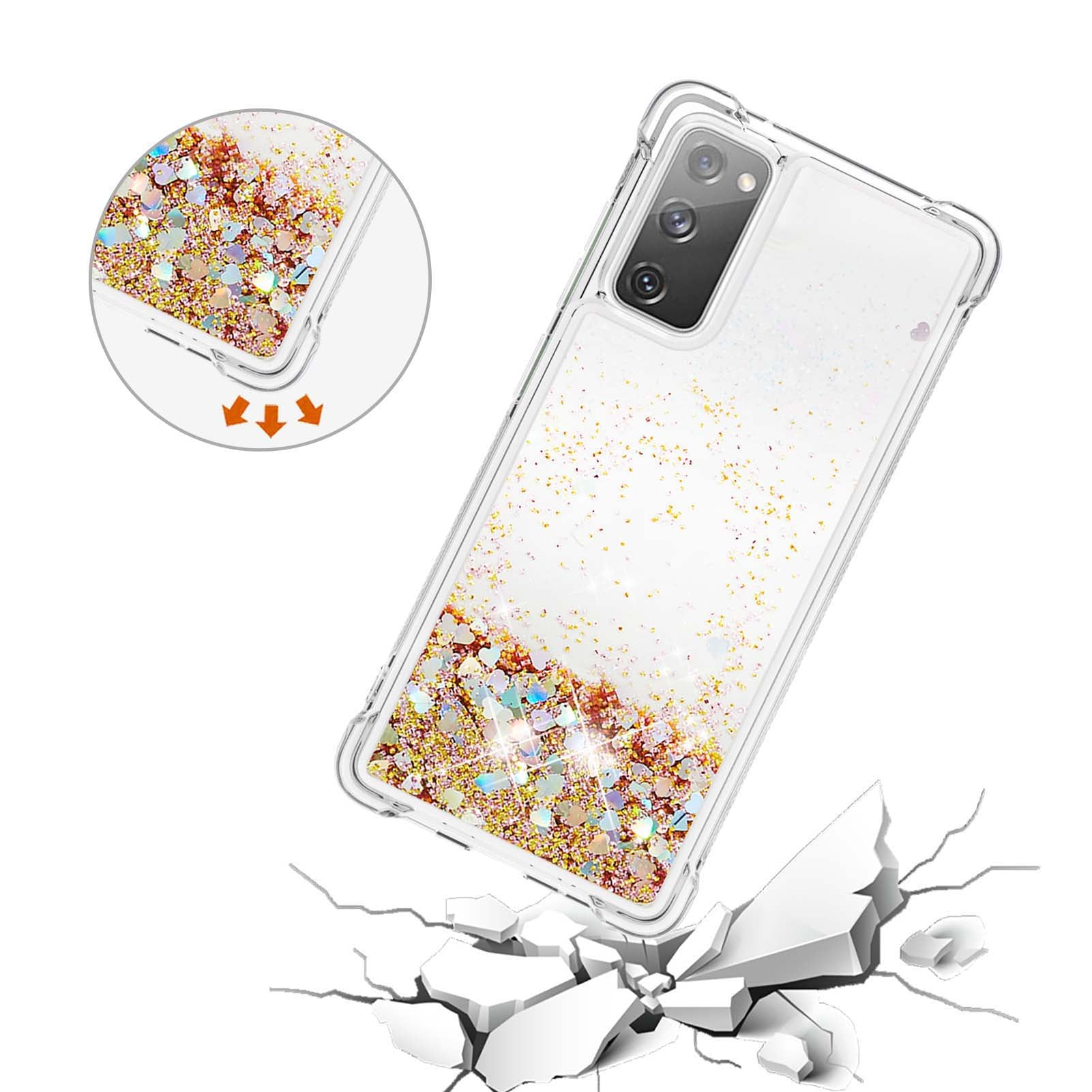 For Samsung Galaxy S20 FE 4G / FE 5G / S20 Lite / S20 FE 2022 TPU Case Quicksand YB Quicksand Series-1 Cell Phone Cover - Gold / Hearts